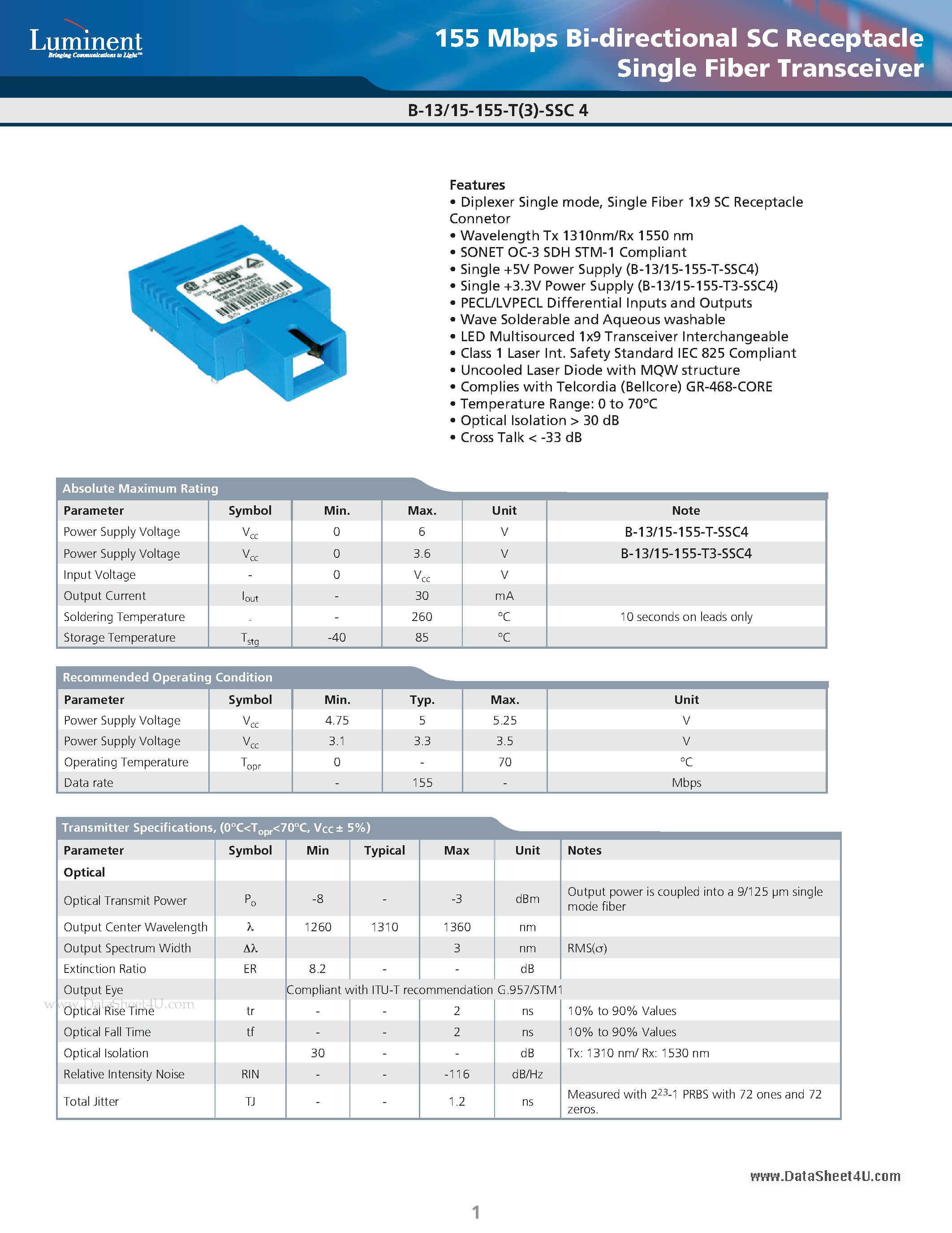 Даташит B-13-15-155-T-SSC4 - 155 Mbps Bi-directional SC Receptacle Single Fiber Transceiver страница 1