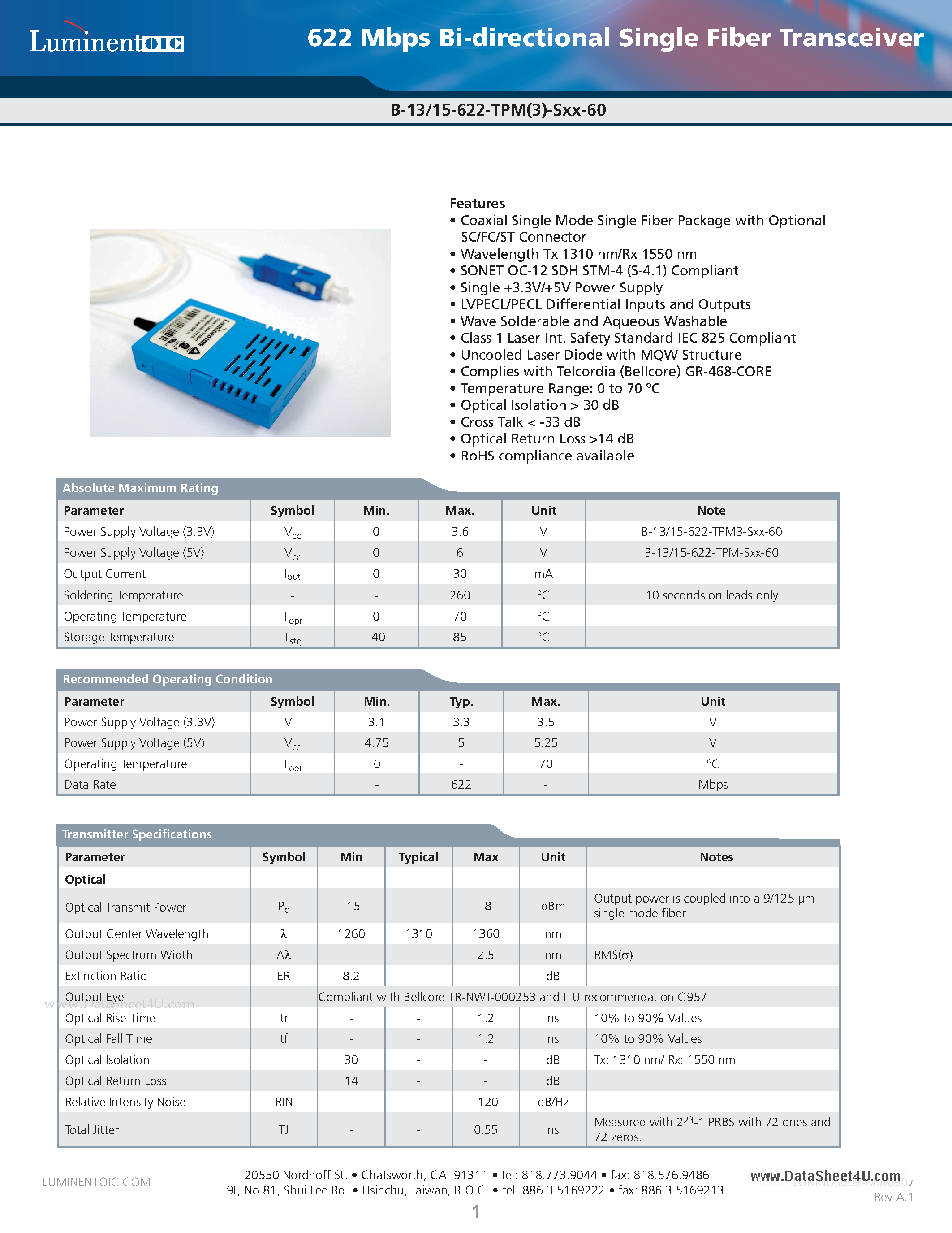 Даташит B-13-15-622-TPM-SXX-60 - 622 Mbps Bi-directional Single Fiber Transceiver страница 1
