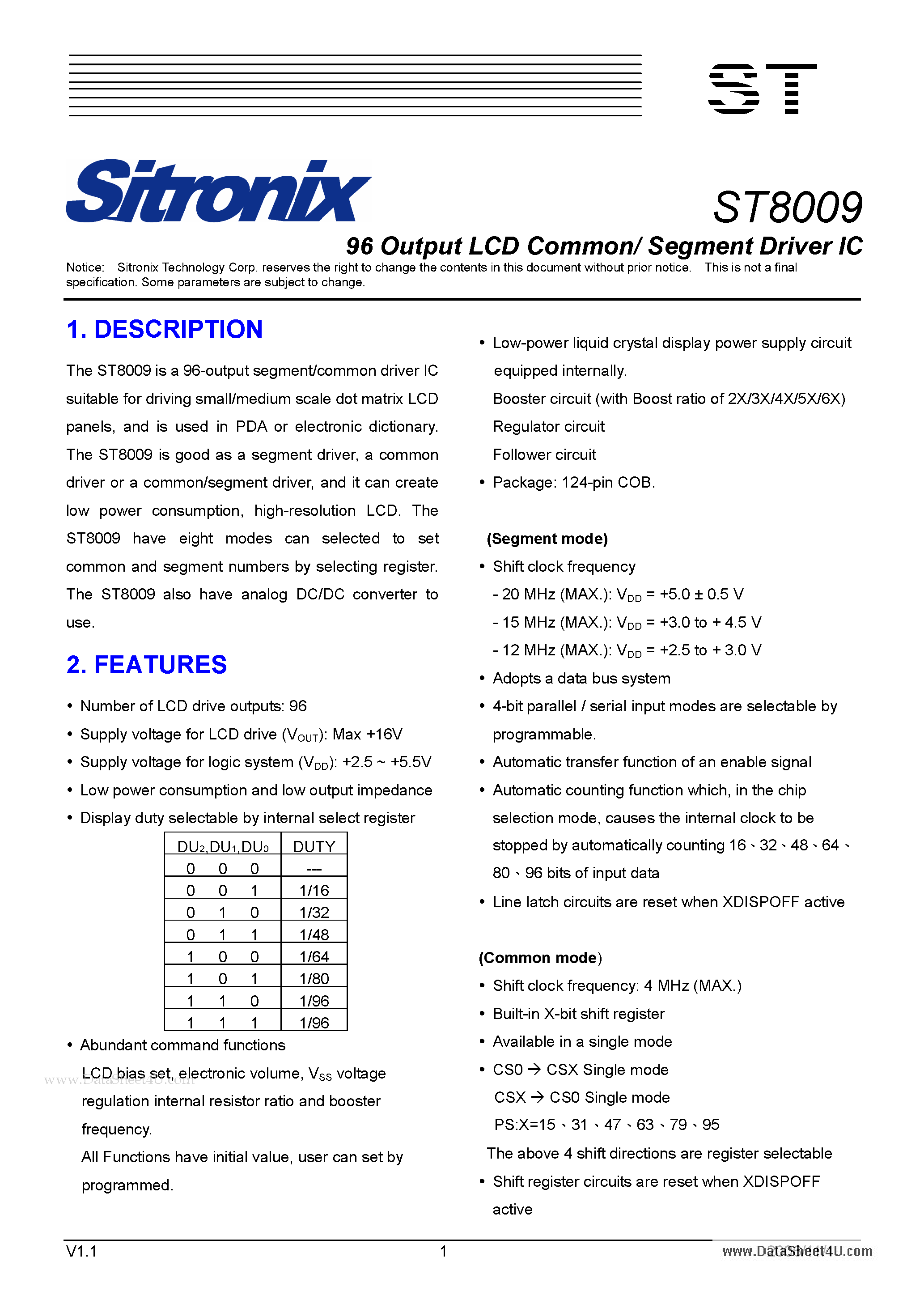 Даташит ST8009 - 96 Output LCD Common/ Segment Driver IC страница 1