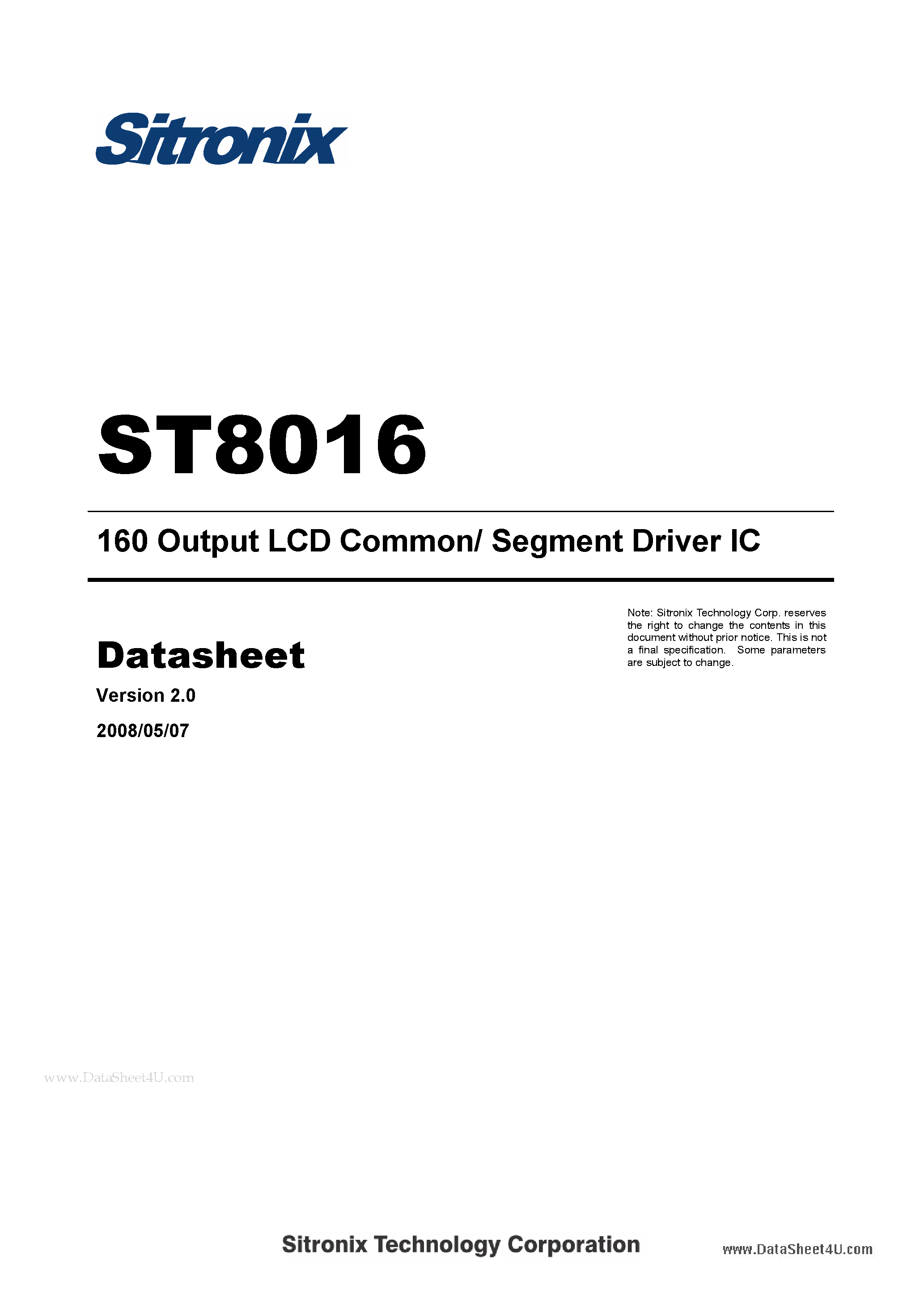 Даташит ST8016 - 160 Output LCD Common/ Segment Driver IC страница 1
