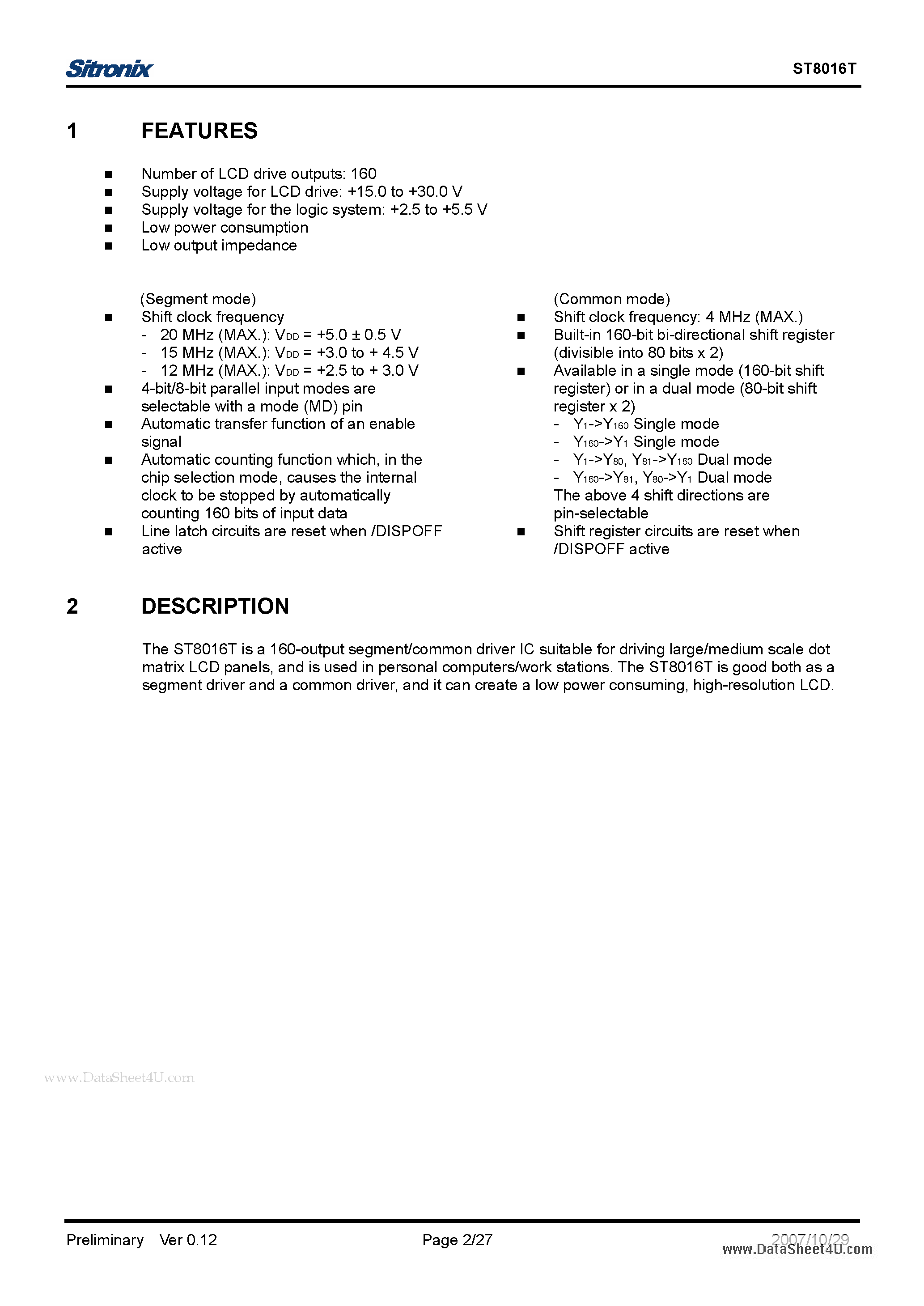 Datasheet ST8016T - COM/SEG LCD Driver page 2