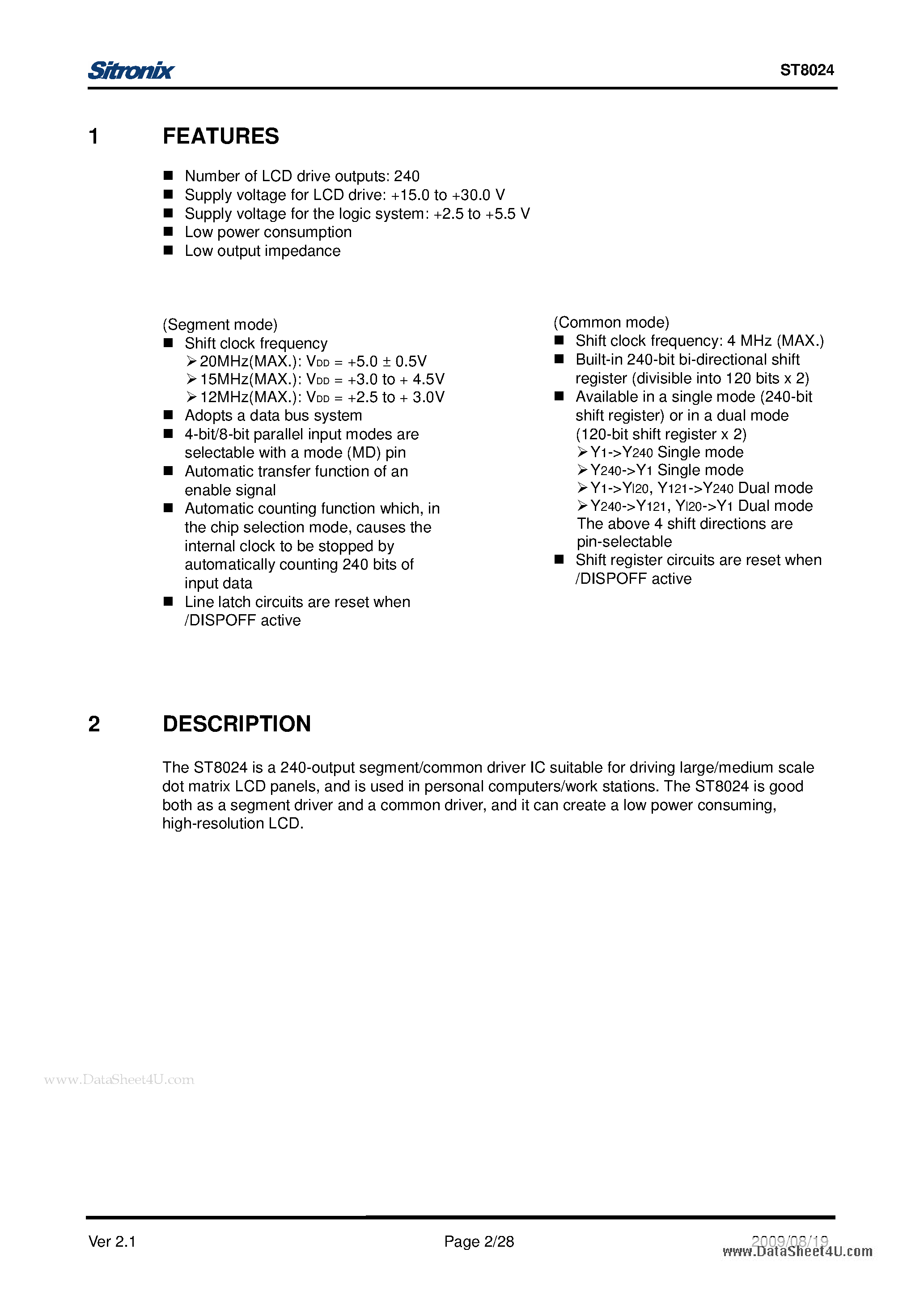 Datasheet ST8024 - COM/SEG LCD Driver page 2