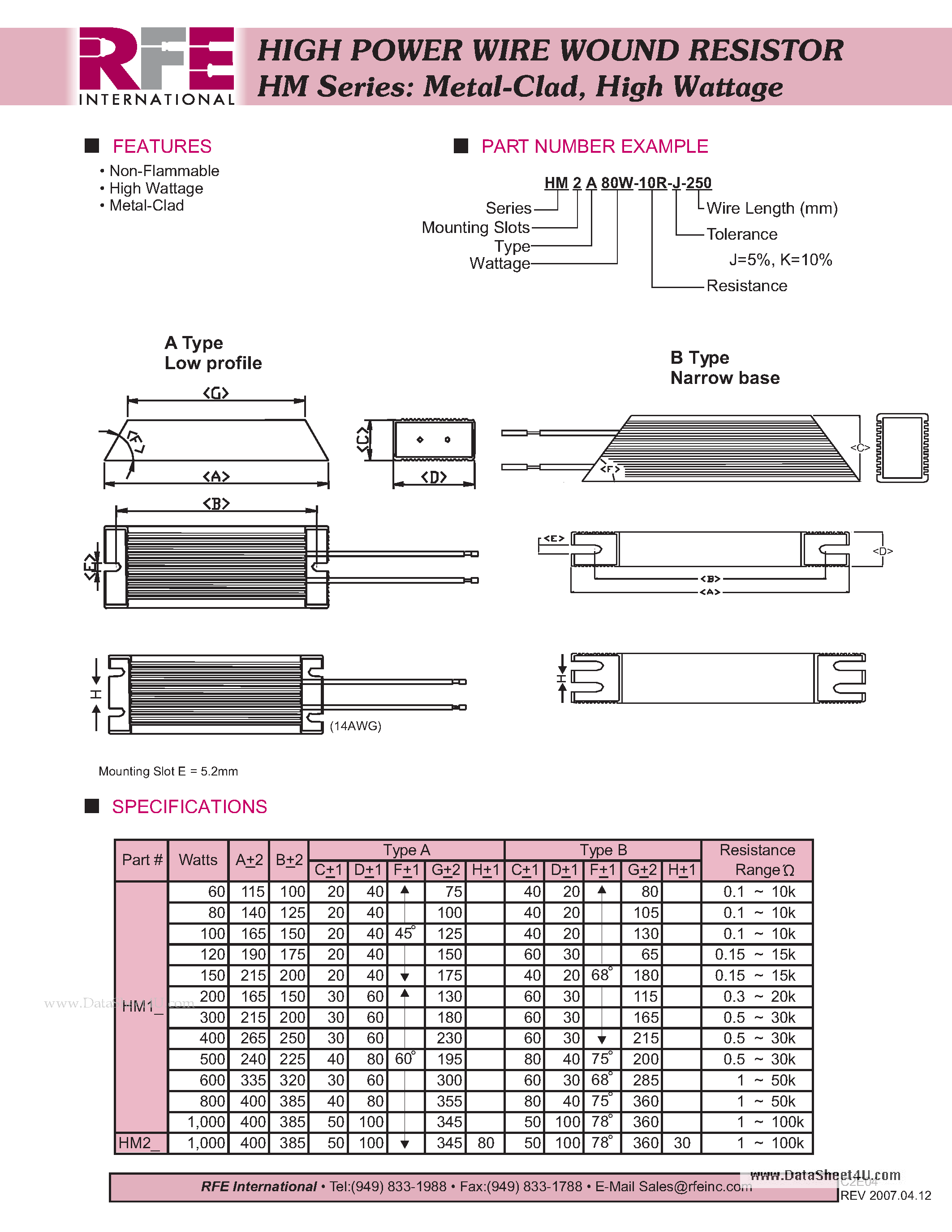 Datasheet HM1B1000W-10R-J-250 - HIGH POWER WIRE WOUND RESISTOR HM Series page 1