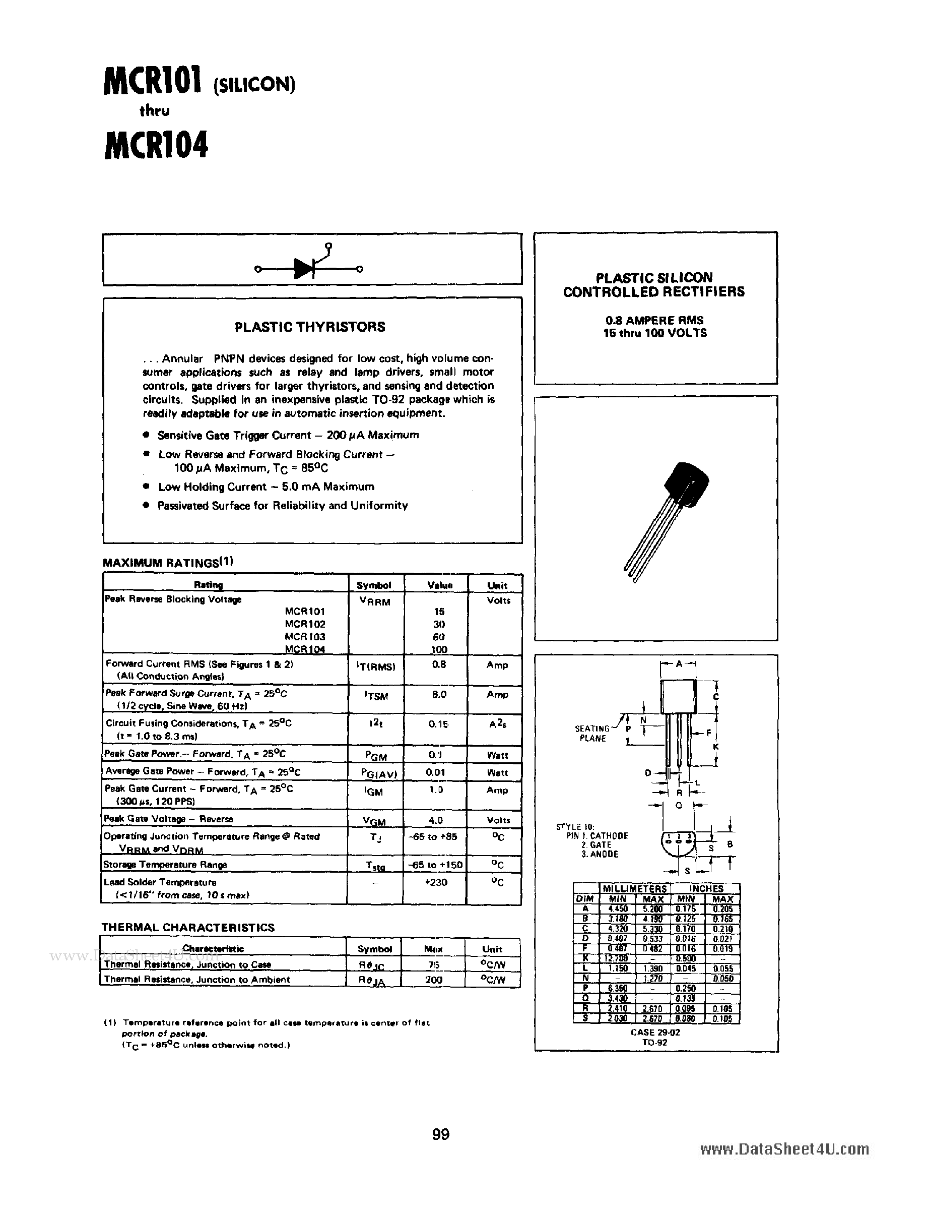 Datasheet MCR101 - (MCR101 - MCR104) Plastic Silicon Controlled Rectifiers page 1