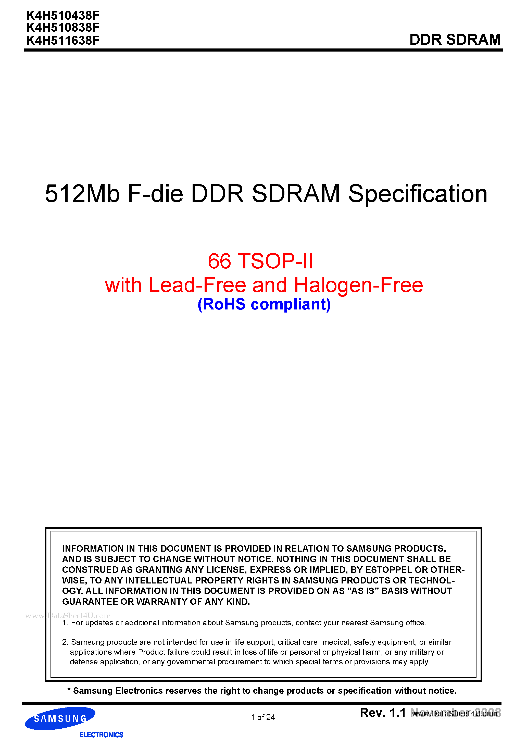Datasheet K4H510438F - 512Mb F-die DDR SDRAM Specification page 1