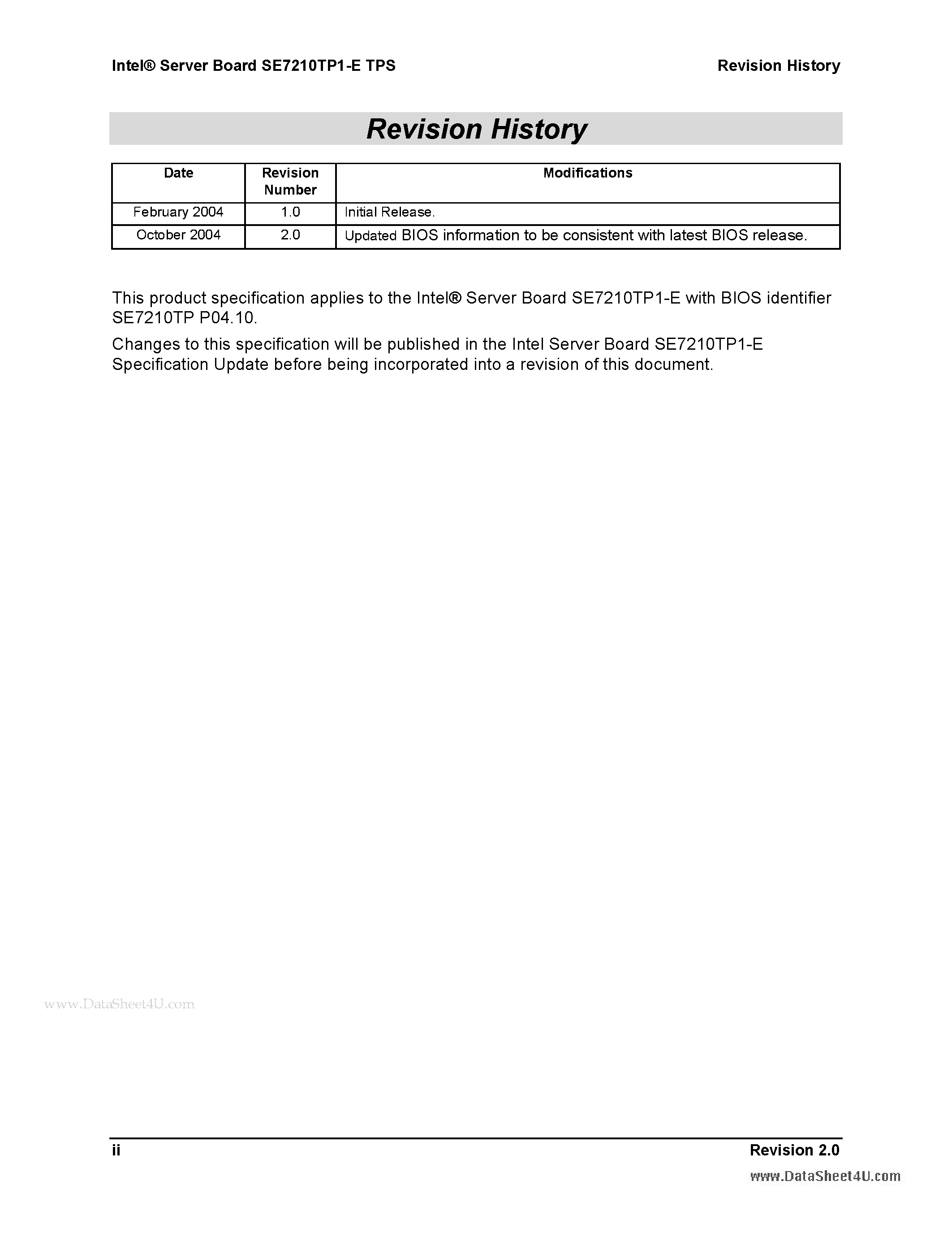 Datasheet SE7210TP1-E - Server Board Technical Product Specification page 2