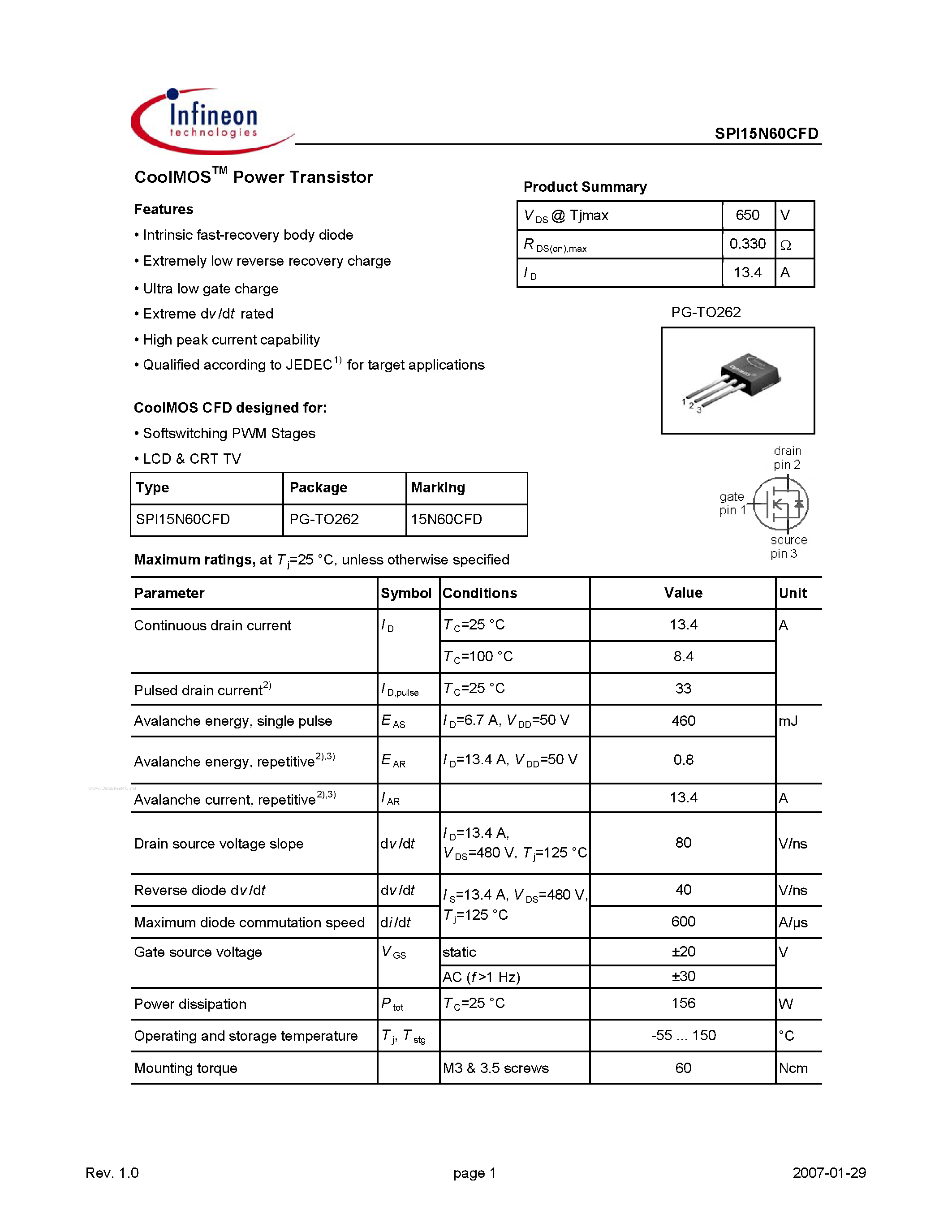 Datasheet SPI15N60CFD - CoolMOSTM Power Transistor page 1