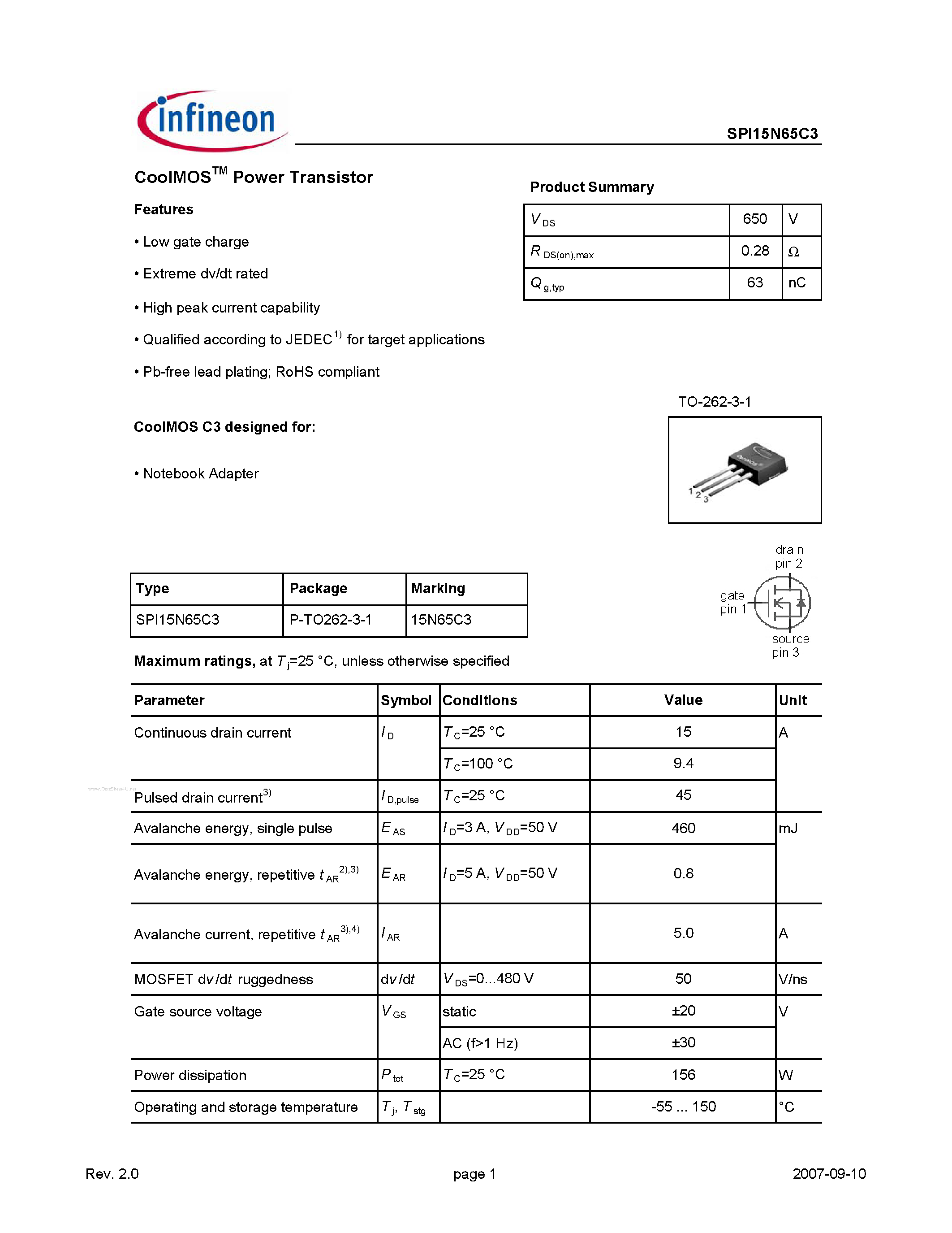 Даташит SPI15N65C3 - CoolMOSTM Power Transistor страница 1