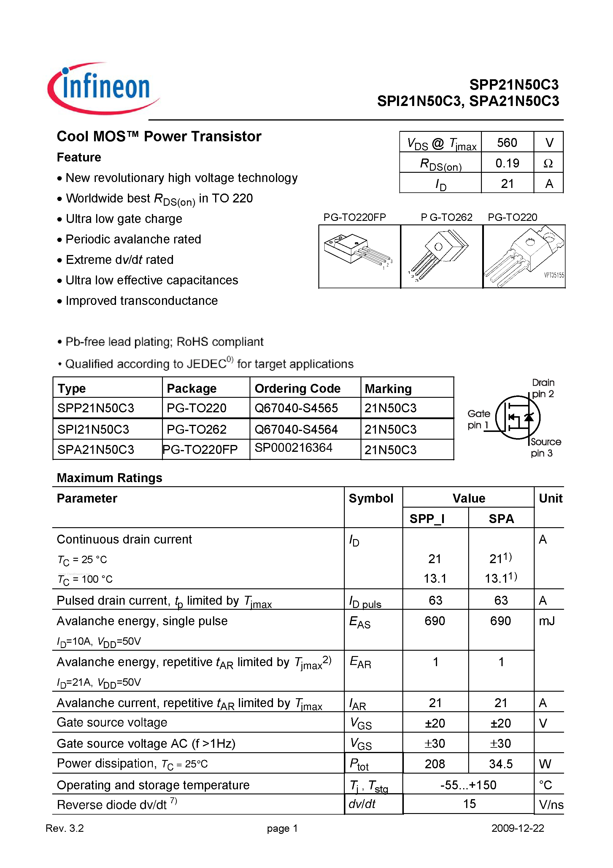 Datasheet SPI21N50C3 - Power Transistor page 1