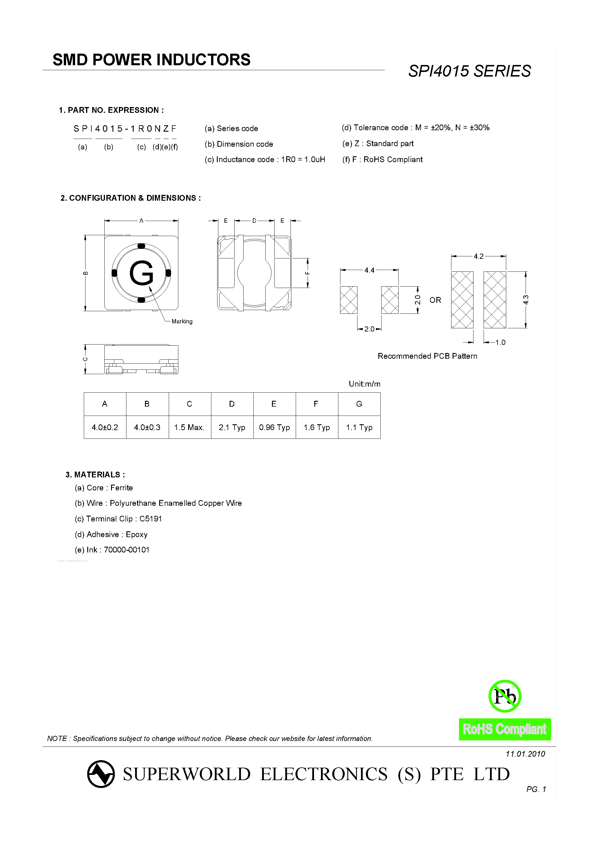 Datasheet SPI4015 - SMD POWER INDUCTORS page 1