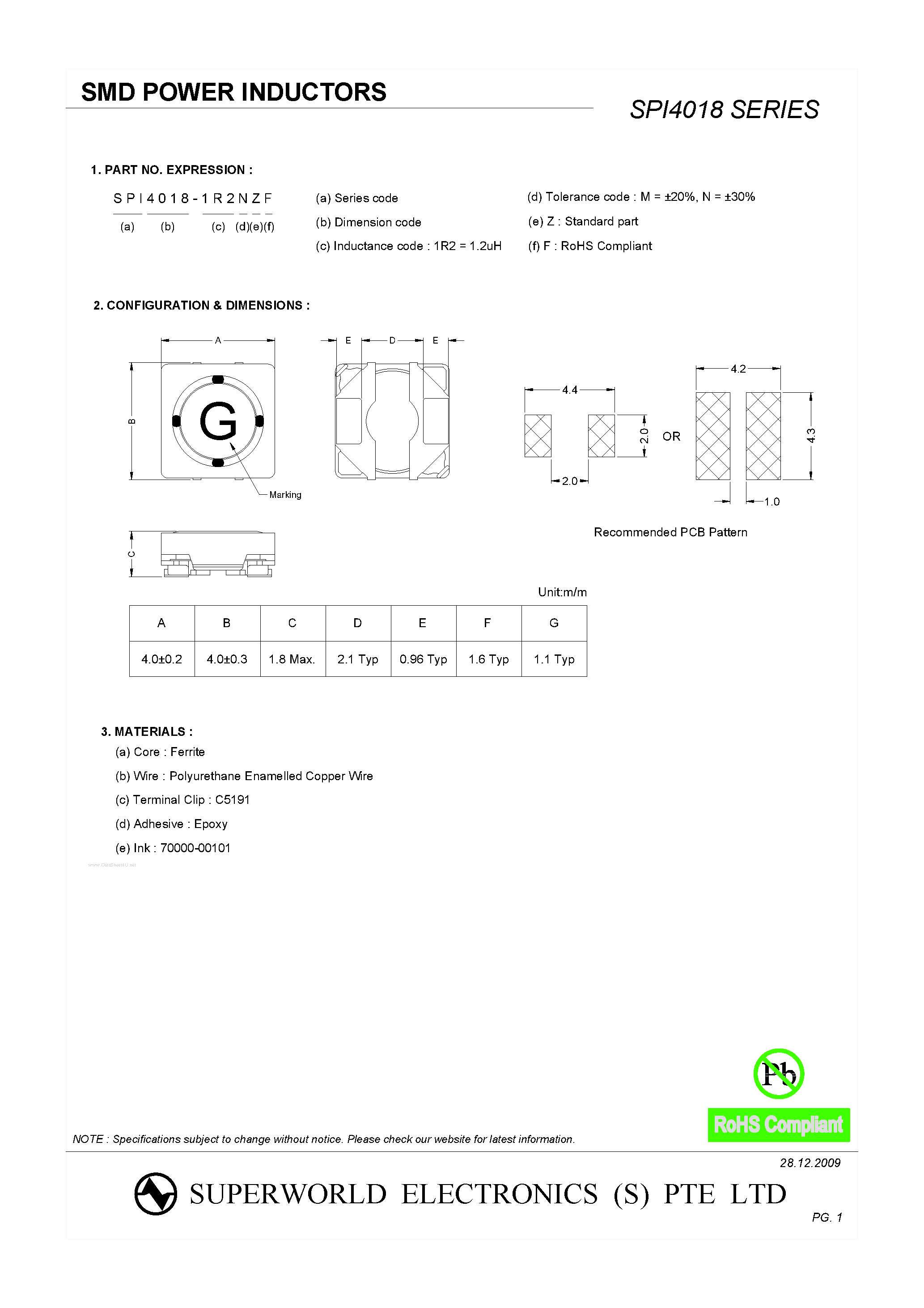 Datasheet SPI4018 - SMD POWER INDUCTORS page 1
