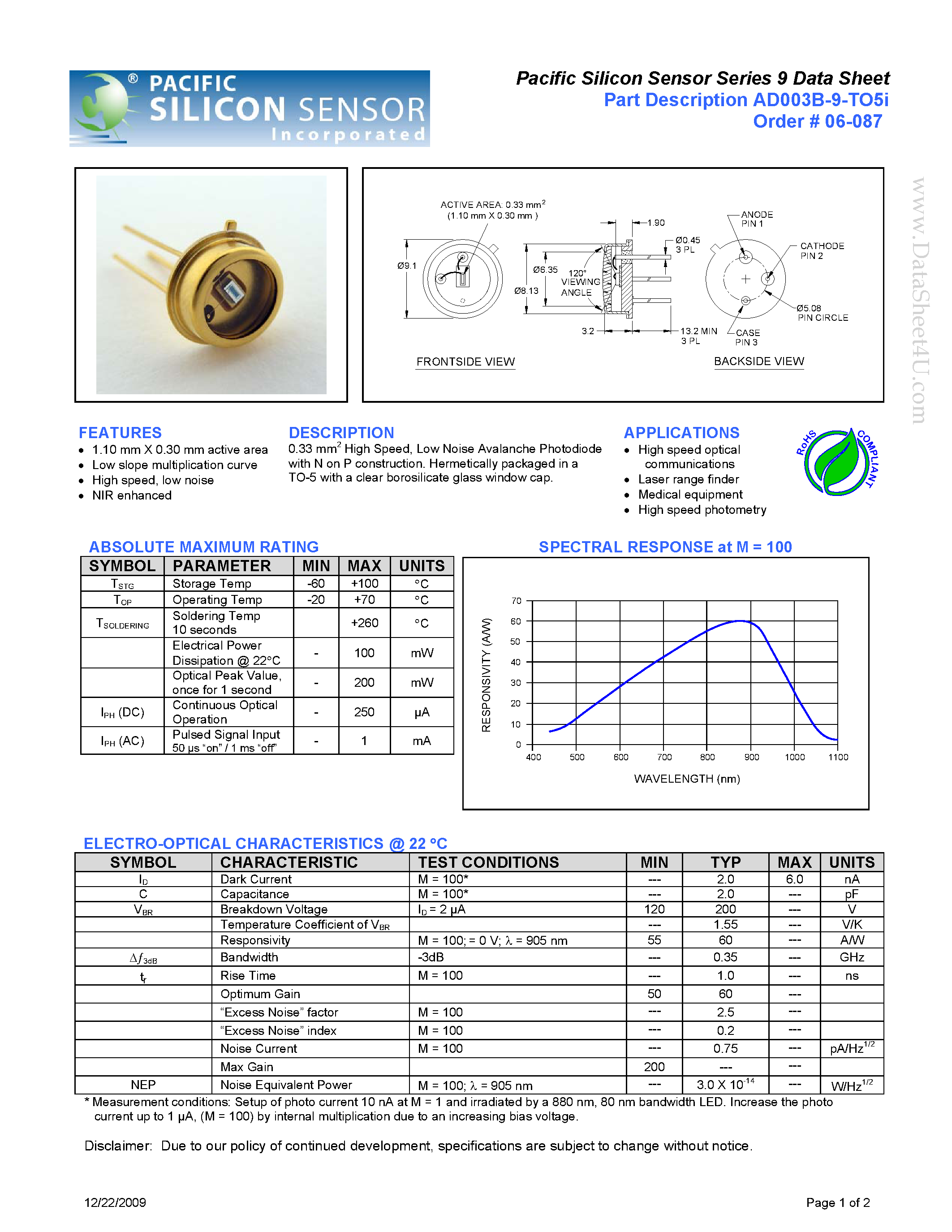 Datasheet AD003B-9-TO5I - Pacific Silicon Sensor page 1