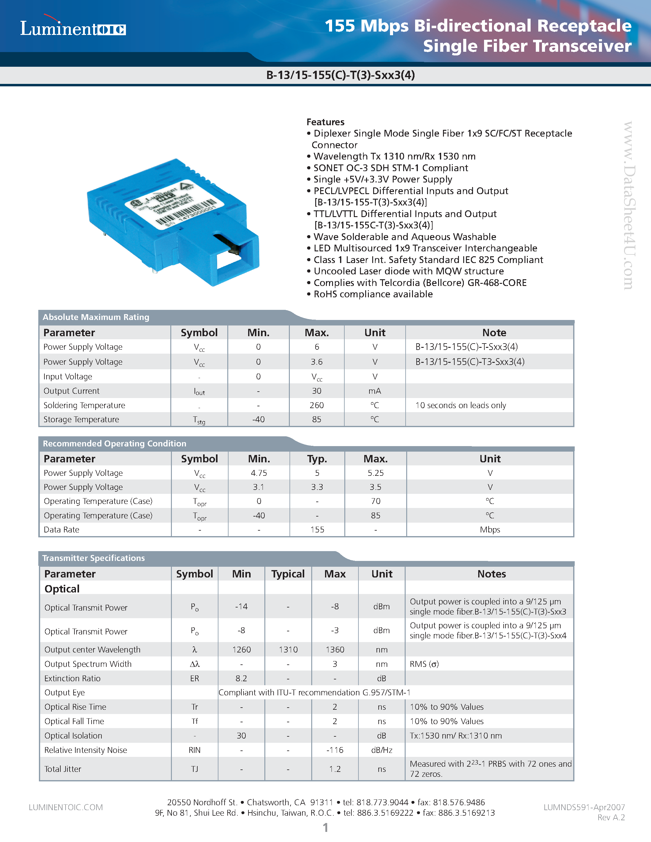 Даташит B-13-155-T-SXX3 - 155 Mbps Bi-directional Receptacle Single Fiber Transceiver страница 1