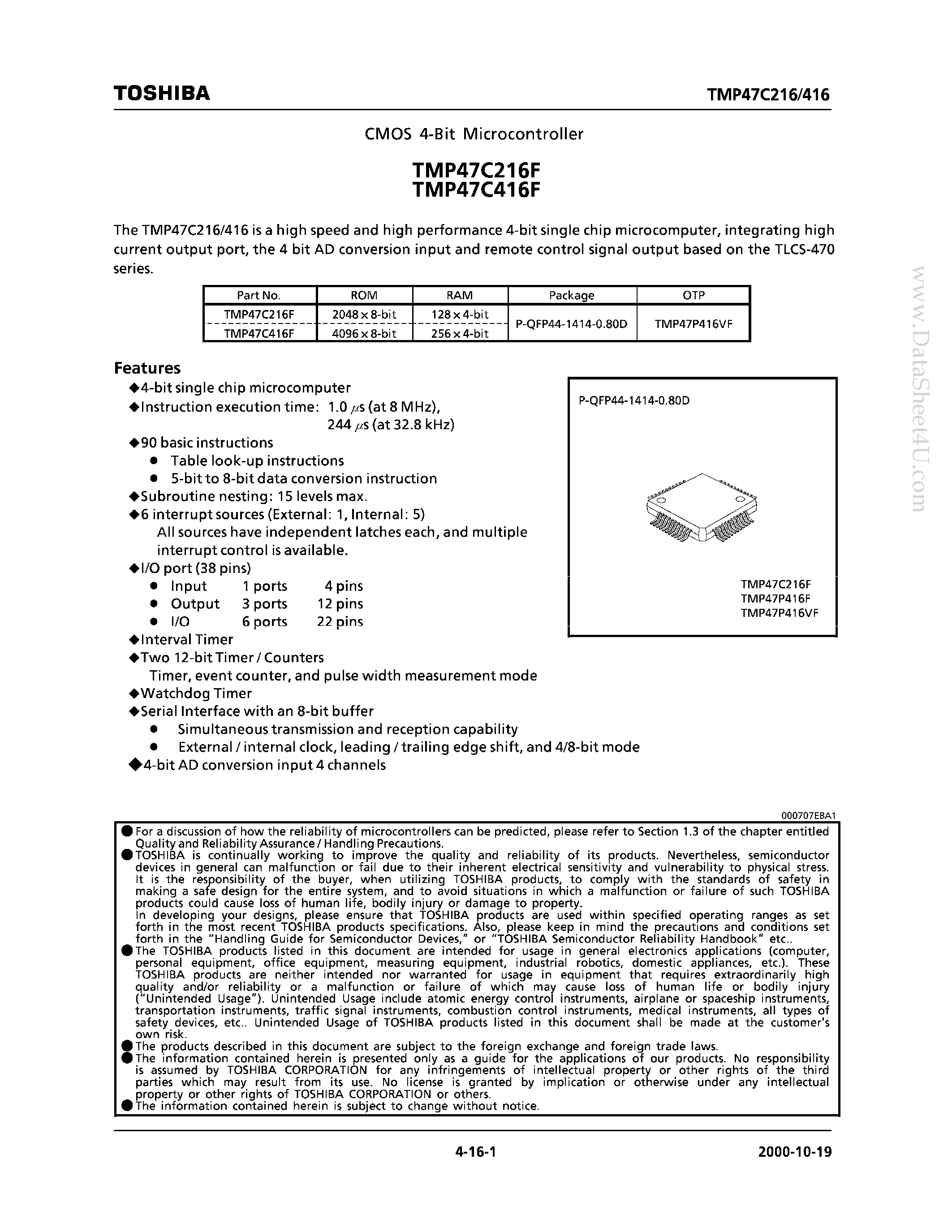 Datasheet TMP47C216F - (TMP47C216F / TMP47C416F) CMOS 4 Bit MCU page 1