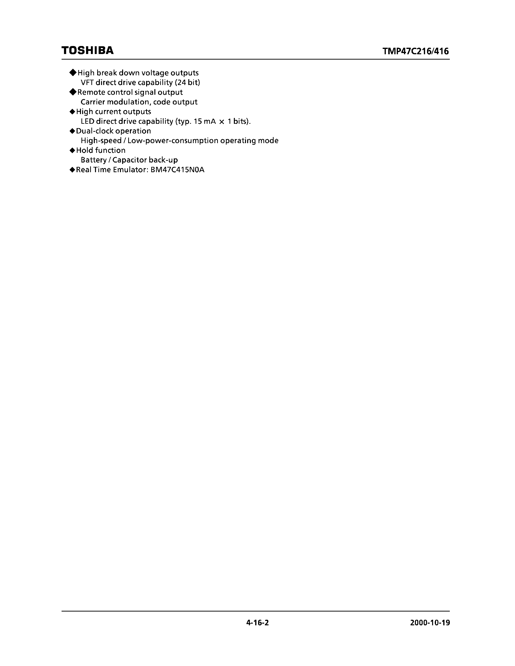 Datasheet TMP47C216F - (TMP47C216F / TMP47C416F) CMOS 4 Bit MCU page 2