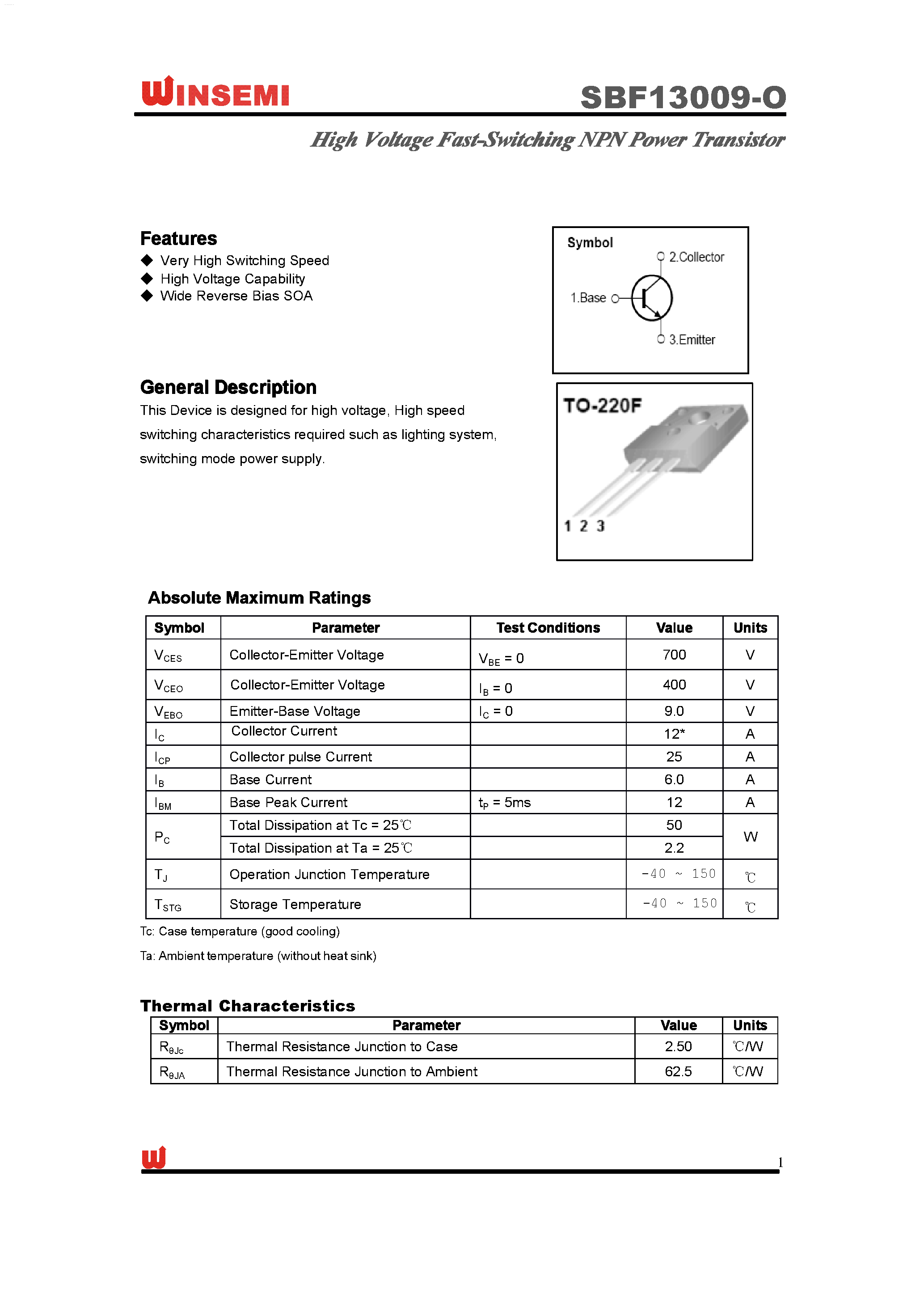 Datasheet SBF13009-O - High Voltage Fast-Switching NPN Power Transistor page 1