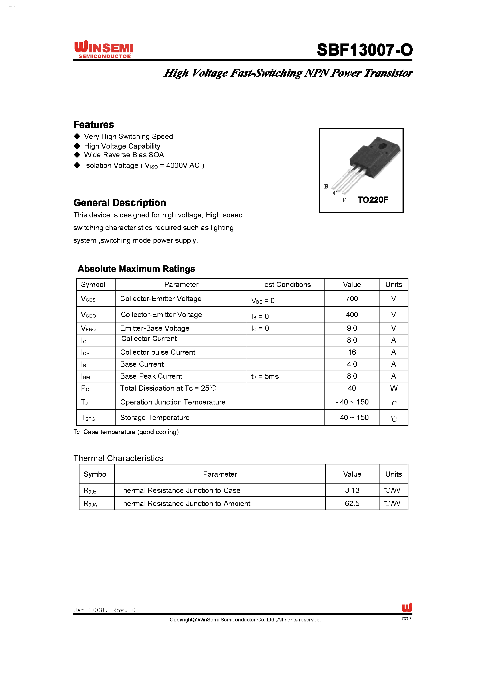Datasheet SBF13007-O - High Voltage Fast-Switching NPN Power Transistor page 1