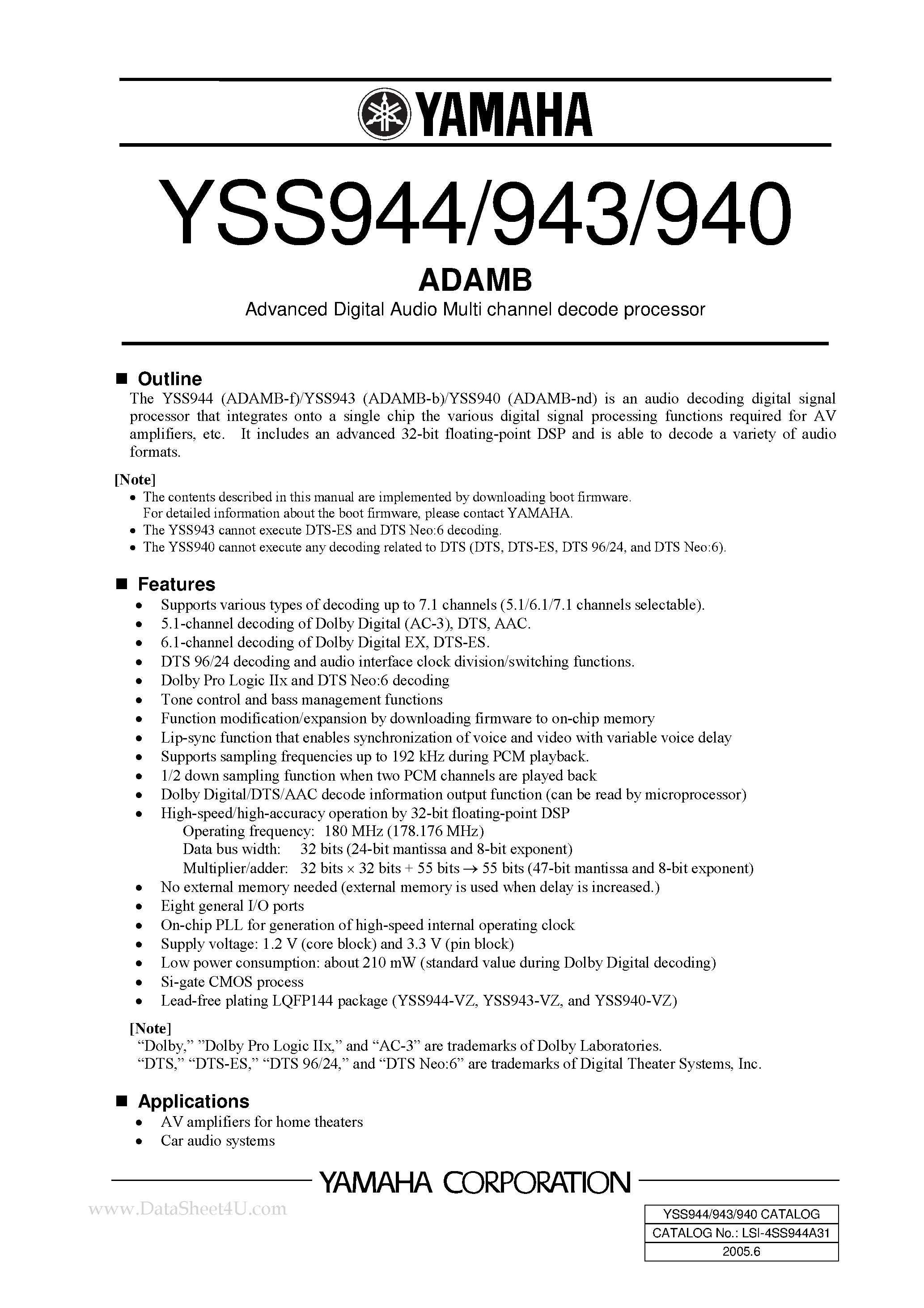Datasheet YSS940 - (YSS940 - YSS944) ADAMB Advanced Digital Audio Multi channel decode processor page 1