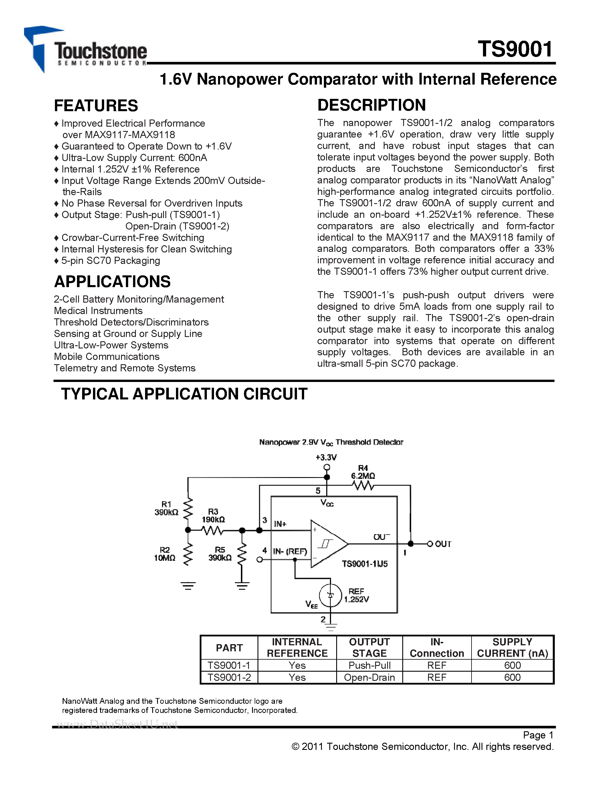 Даташит TS9001 - 1.6V Nanopower Comparator страница 1