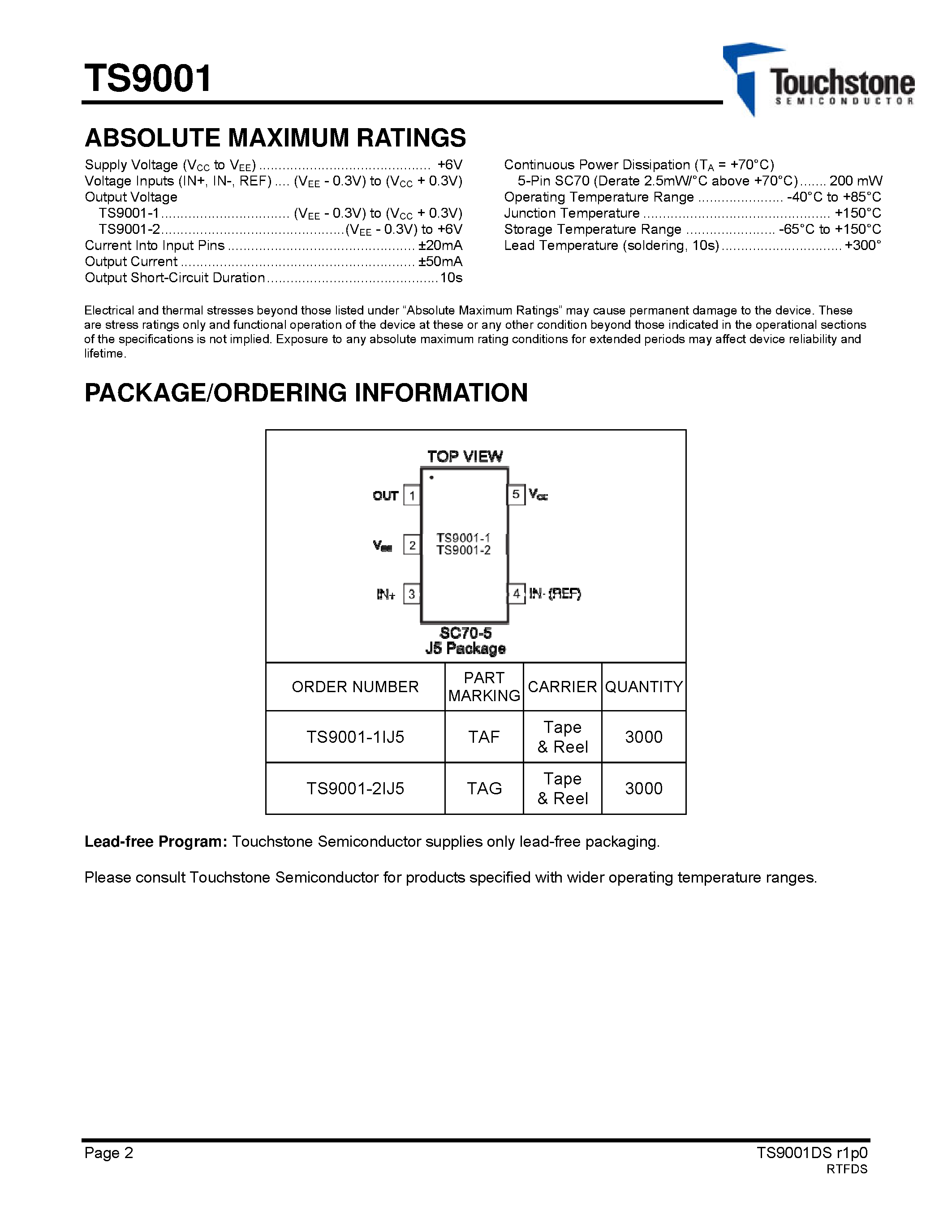 Даташит TS9001 - 1.6V Nanopower Comparator страница 2