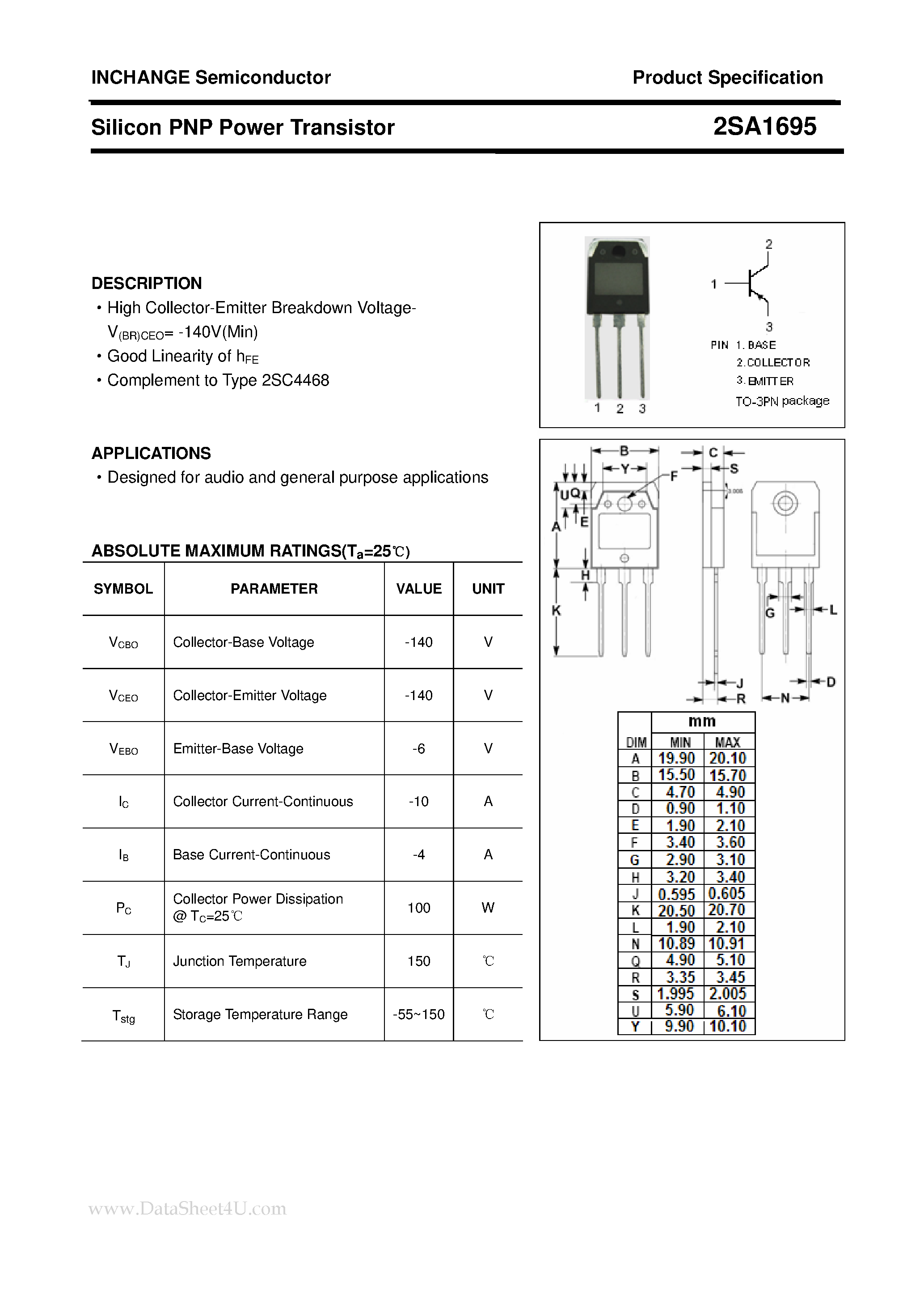 Datasheet 2SA1695 - POWER TRANSISTOR page 1