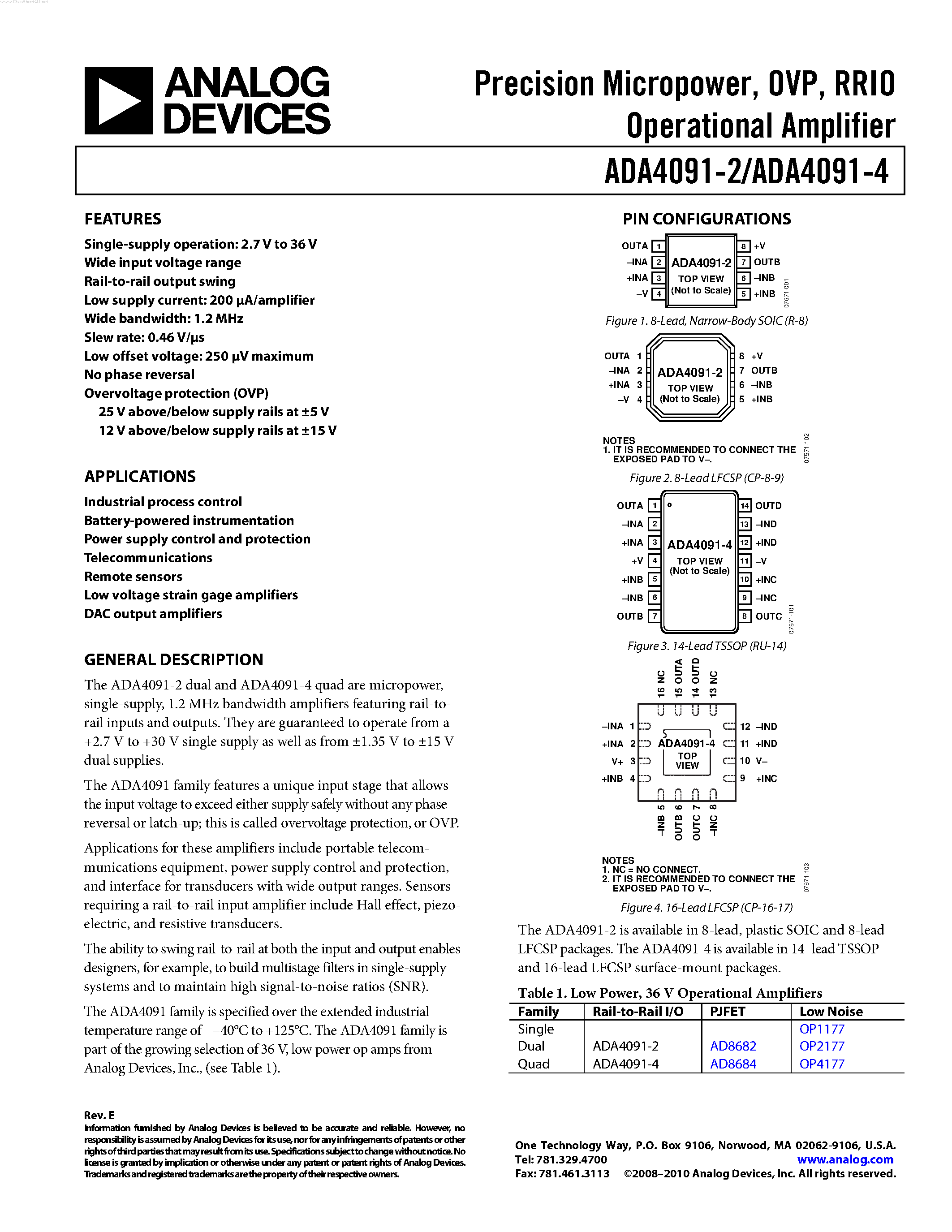 Даташит ADA4091-2 - (ADA4091-2 / ADA4091-4) Operational Amplifier страница 1