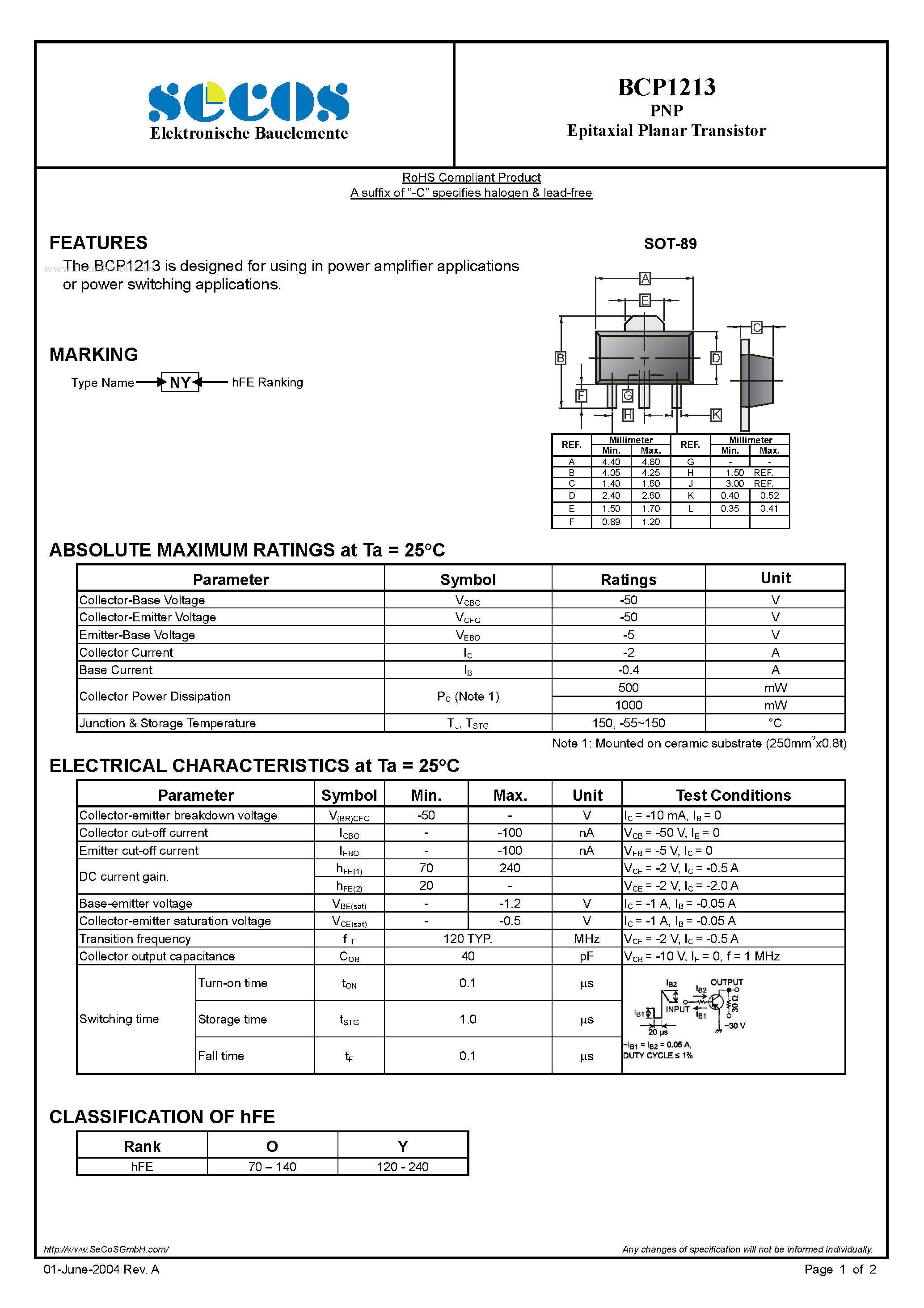 Datasheet BCP1213 - Epitaxial Planar Transistor page 1