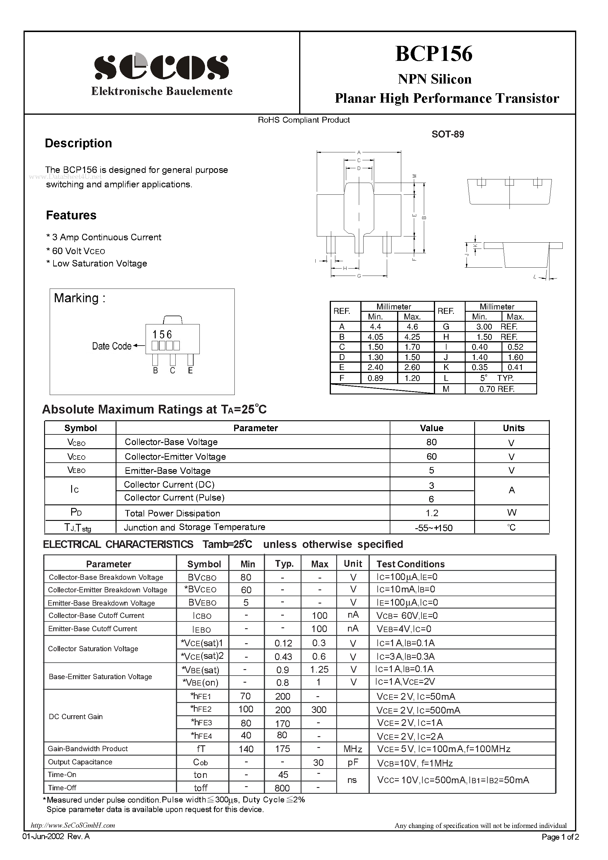 Datasheet BCP156 - Planar High Performance Transistor page 1