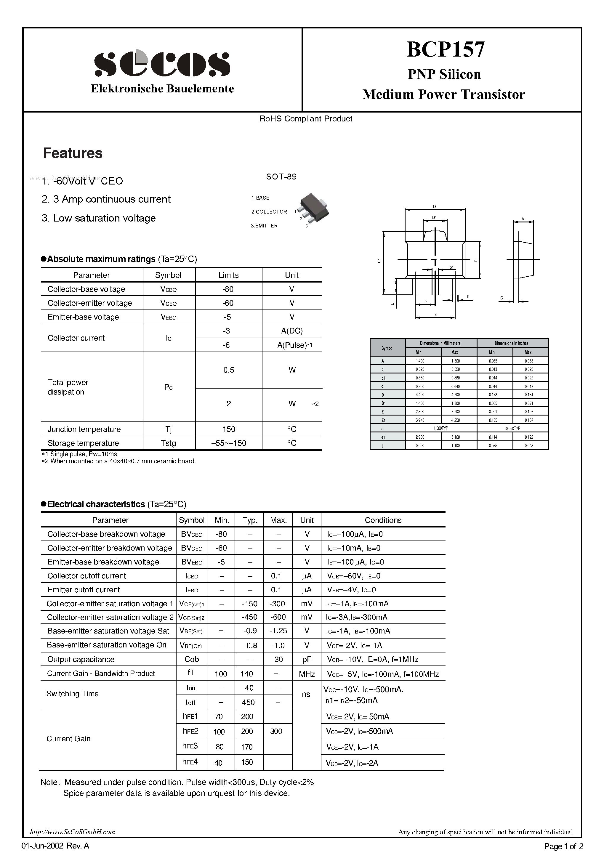 Даташит BCP157 - Medium Power Transistor страница 1