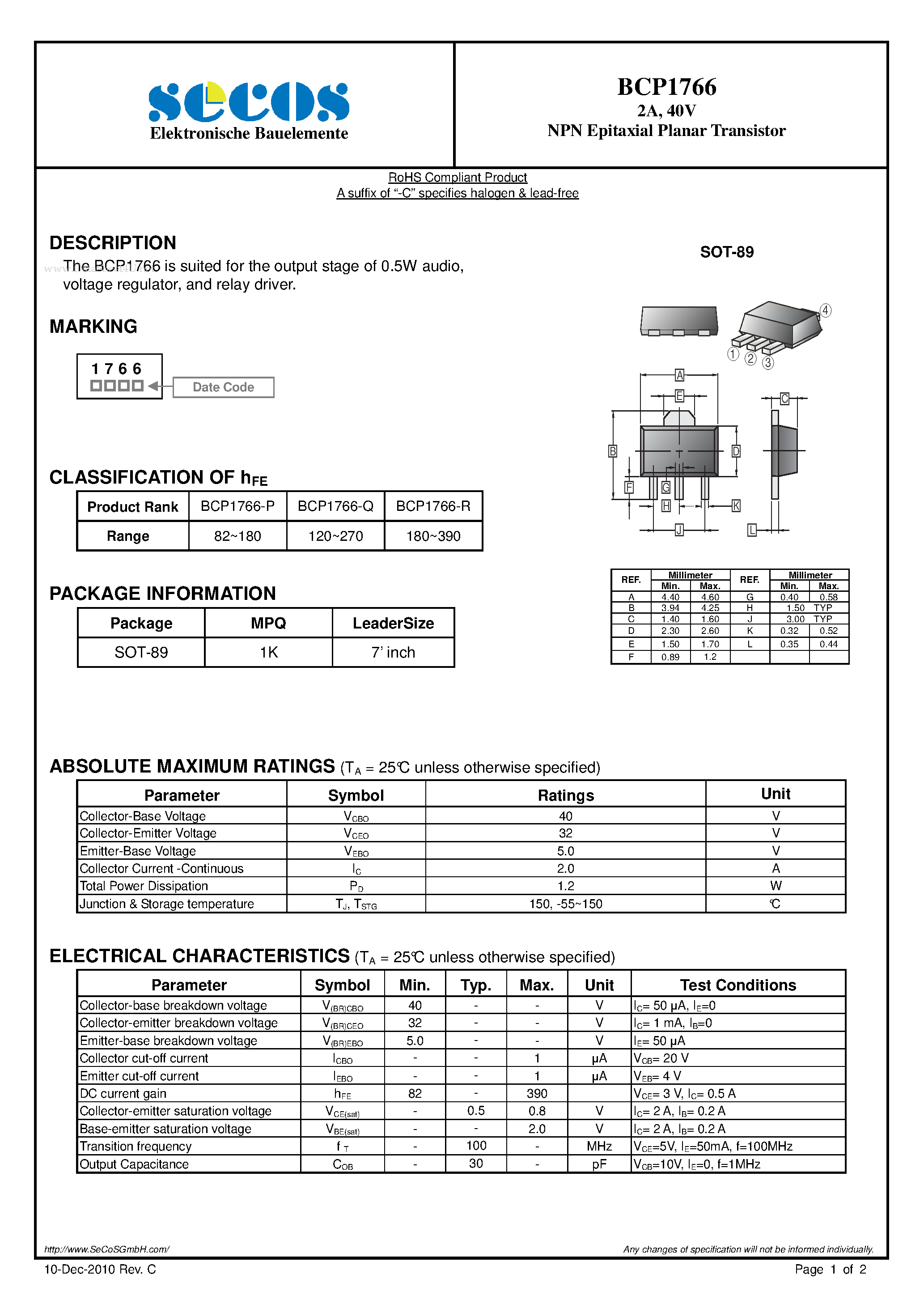 Даташит BCP1766 - NPN Epitaxial Planar Transistor страница 1
