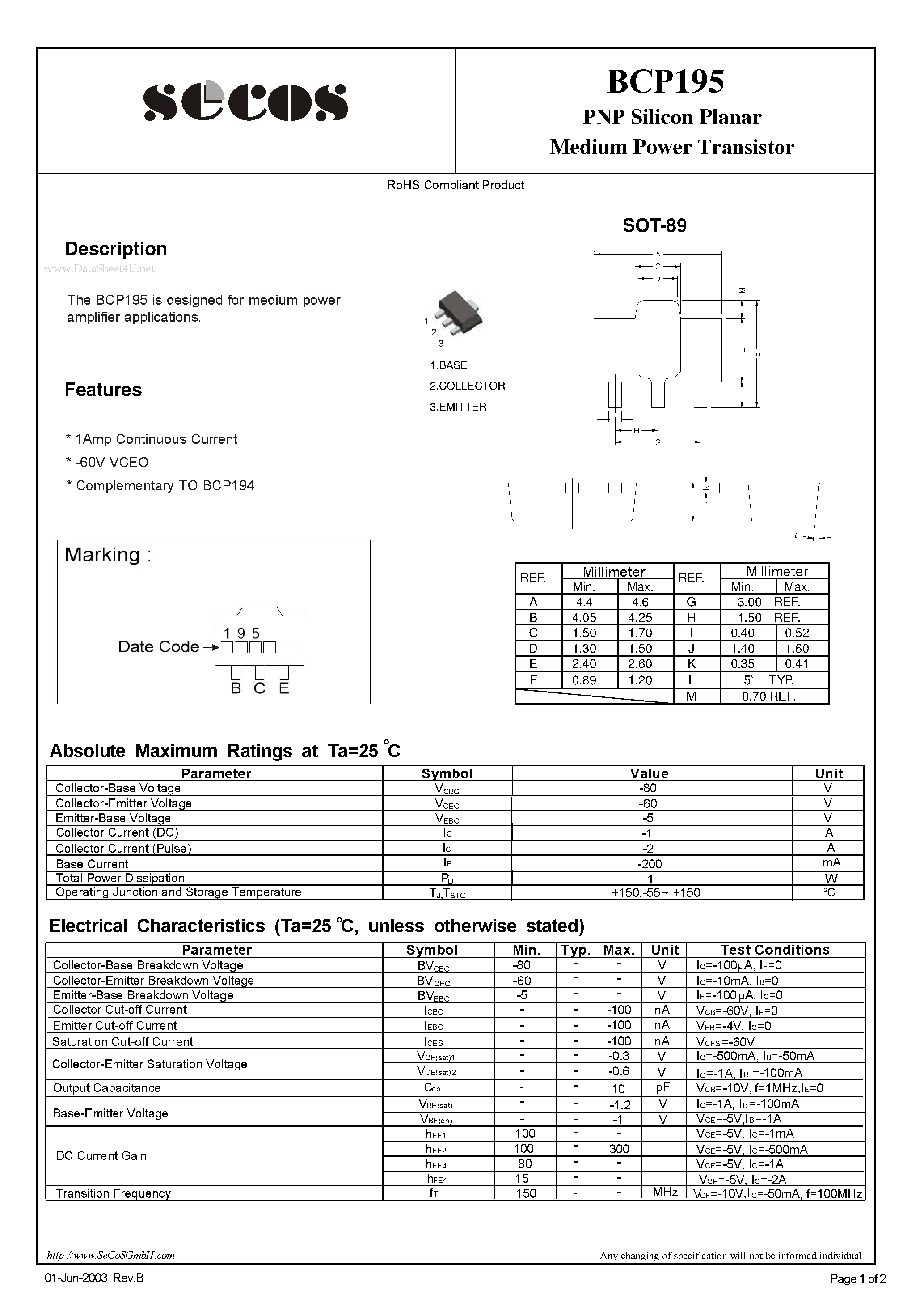 Даташит BCP195 - Medium Power Transistor страница 1