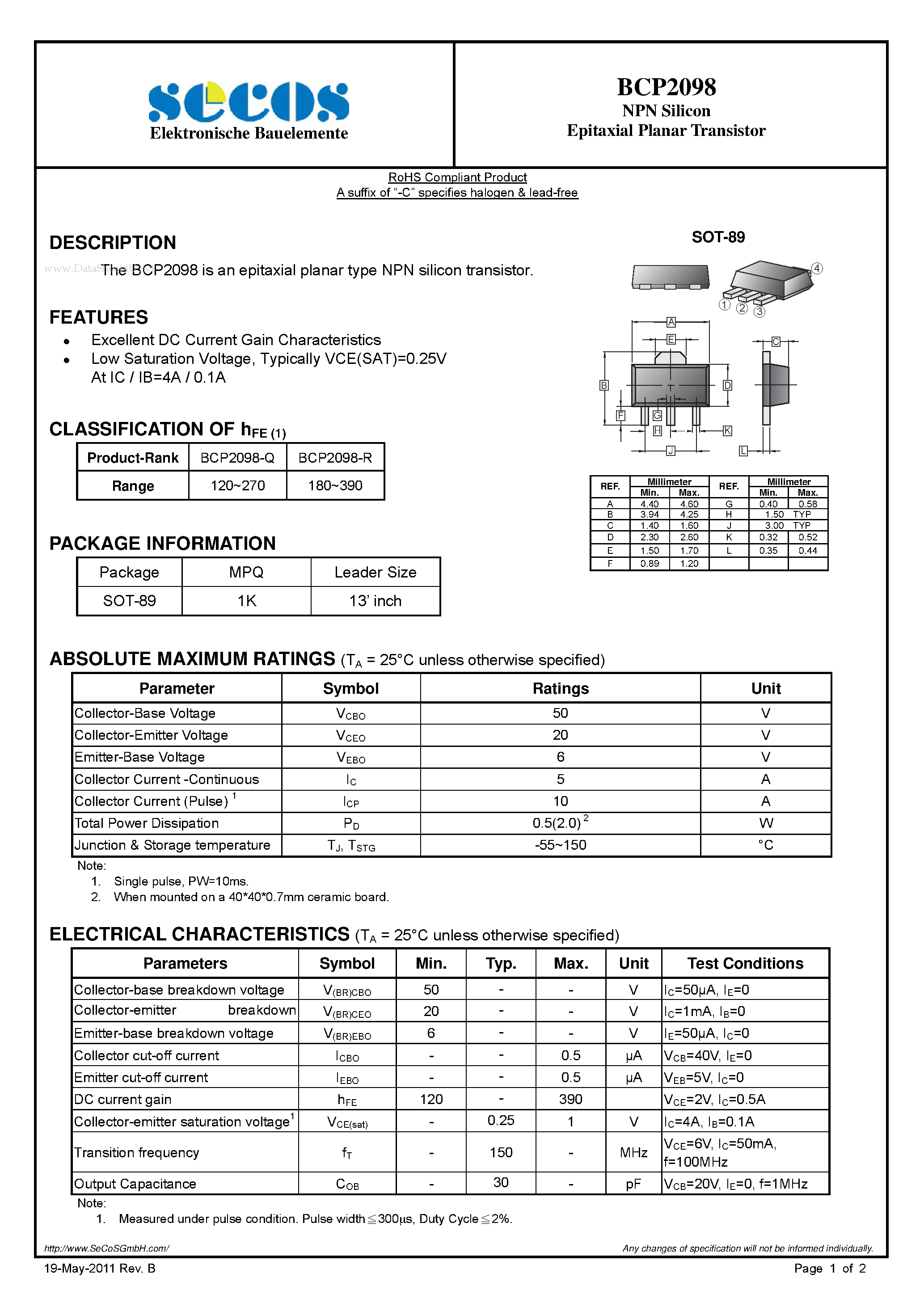 Datasheet BCP2098 - Epitaxial Planar Transistor page 1