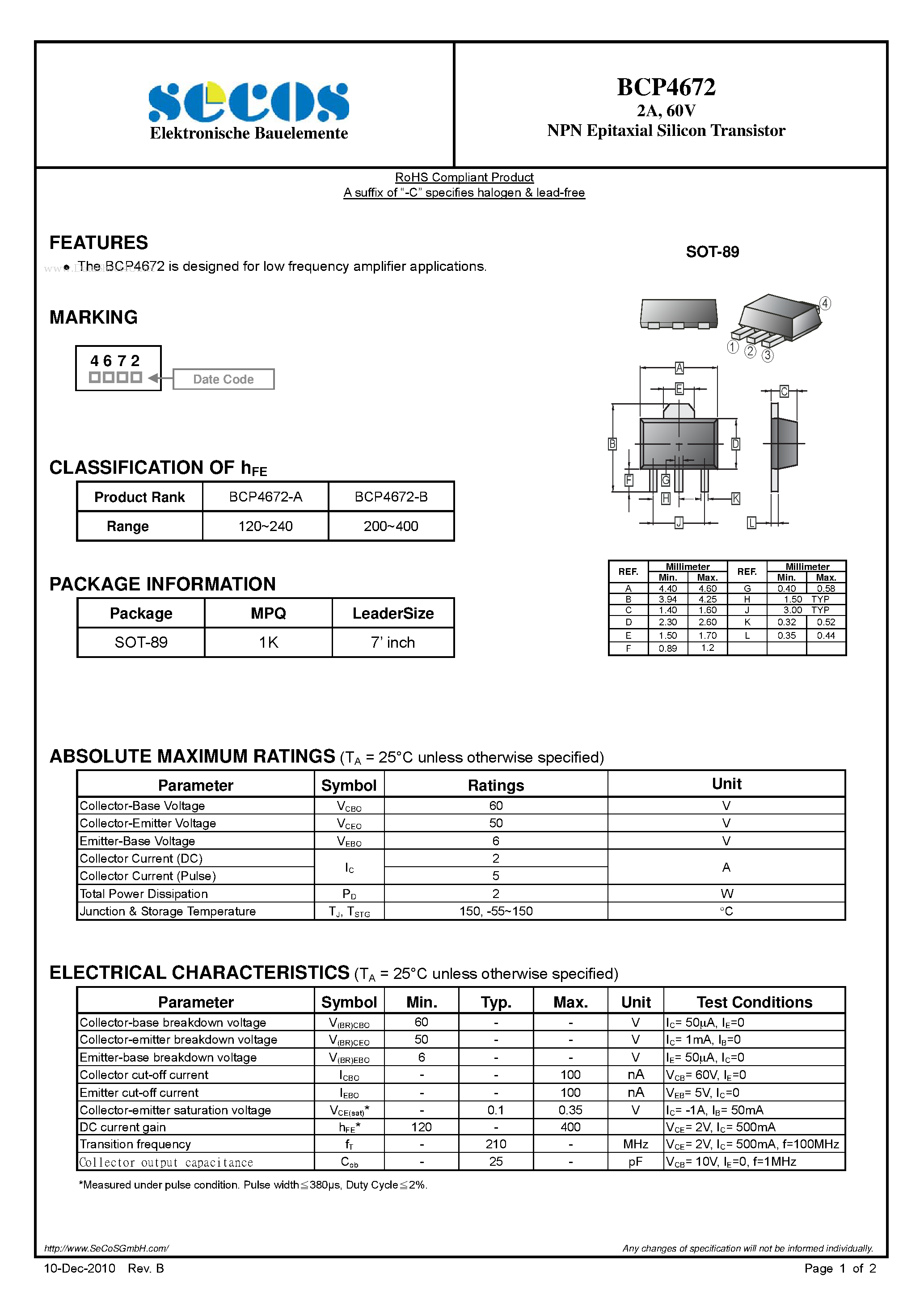 Datasheet BCP4672 - NPN Epitaxial Silicon Transistor page 1