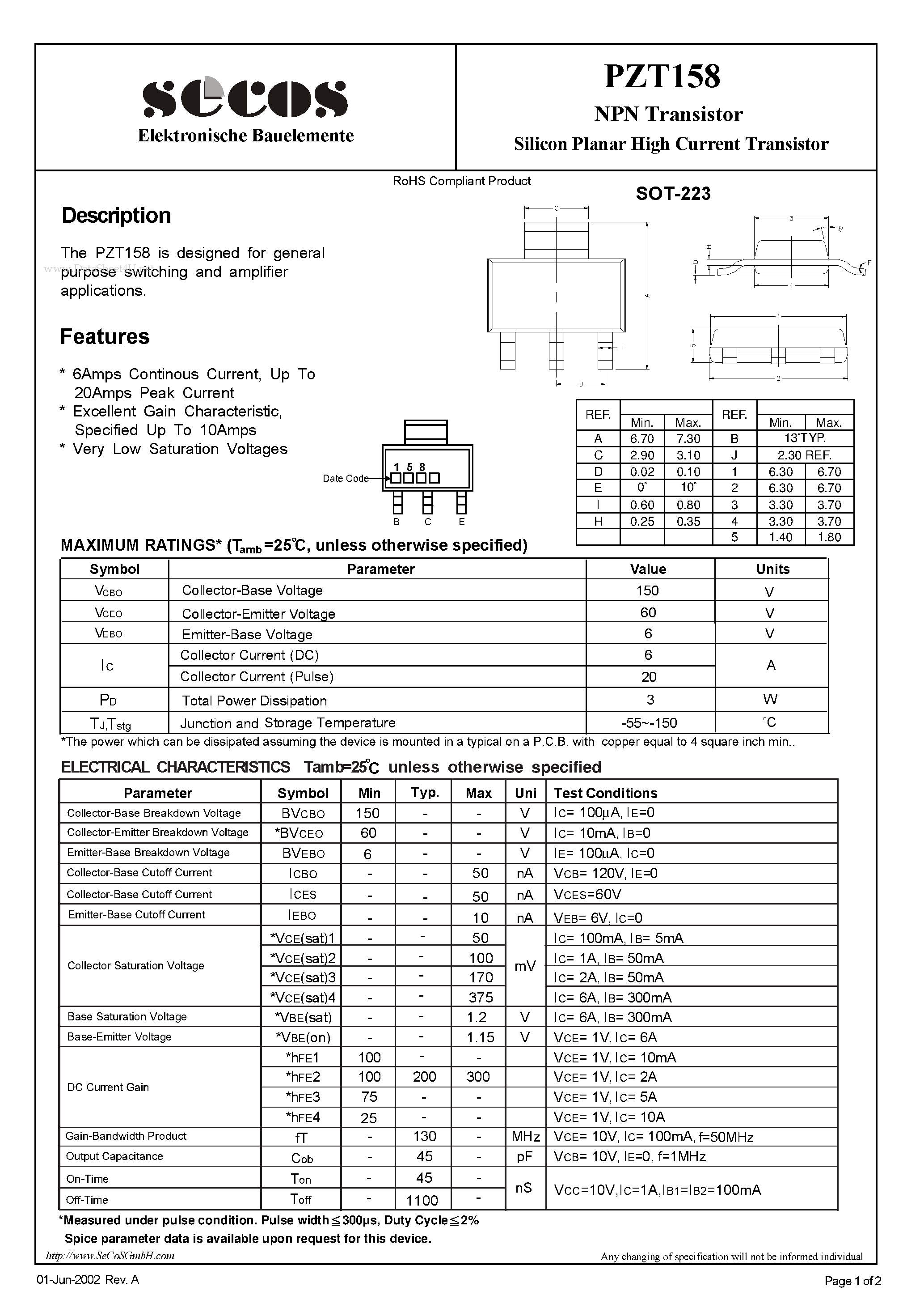 Datasheet PZT158 - Silicon Planar High Current Transistor page 1