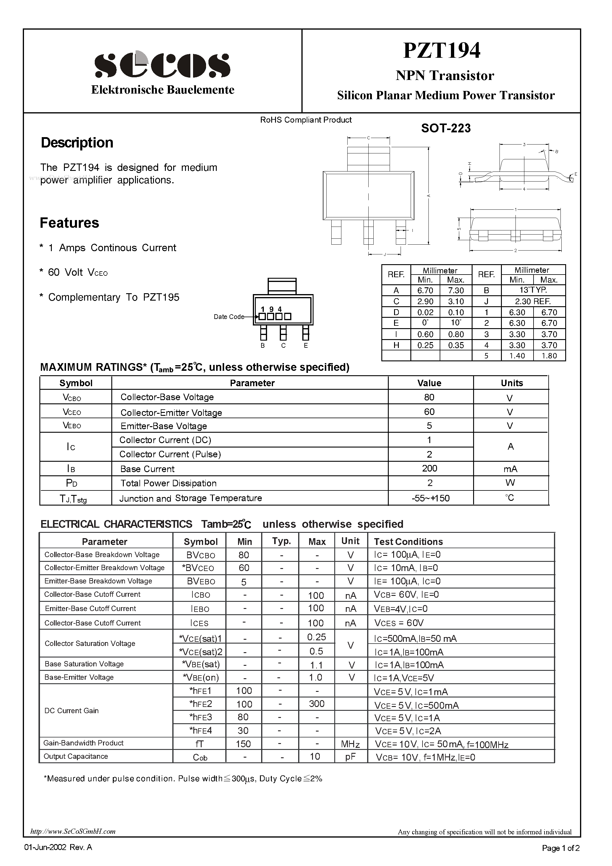 Datasheet PZT194 - Silicon Planar Medium Power Transistor page 1