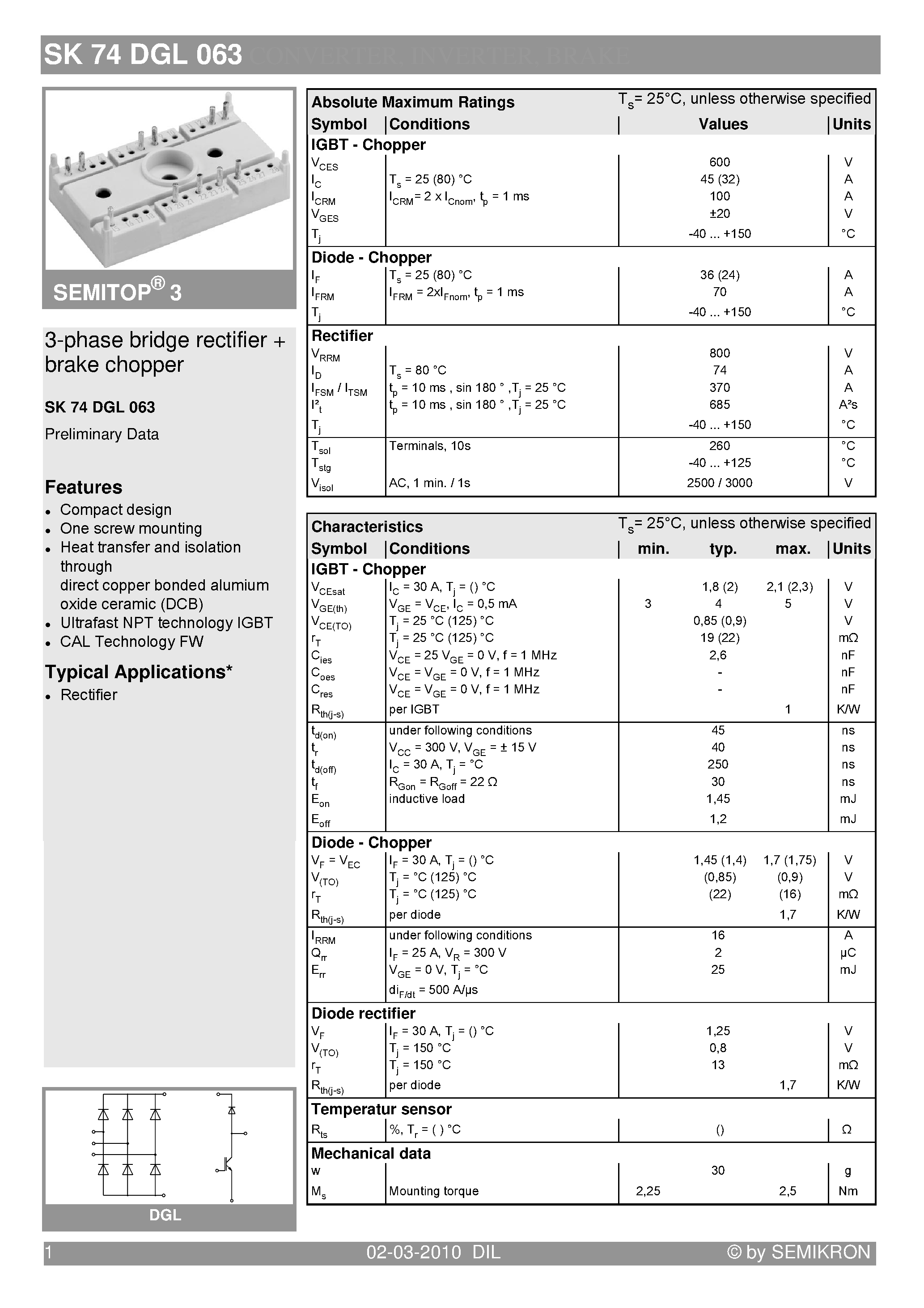 Datasheet SK74DGL063 - 3-phase bridge rectifier brake chopper page 1