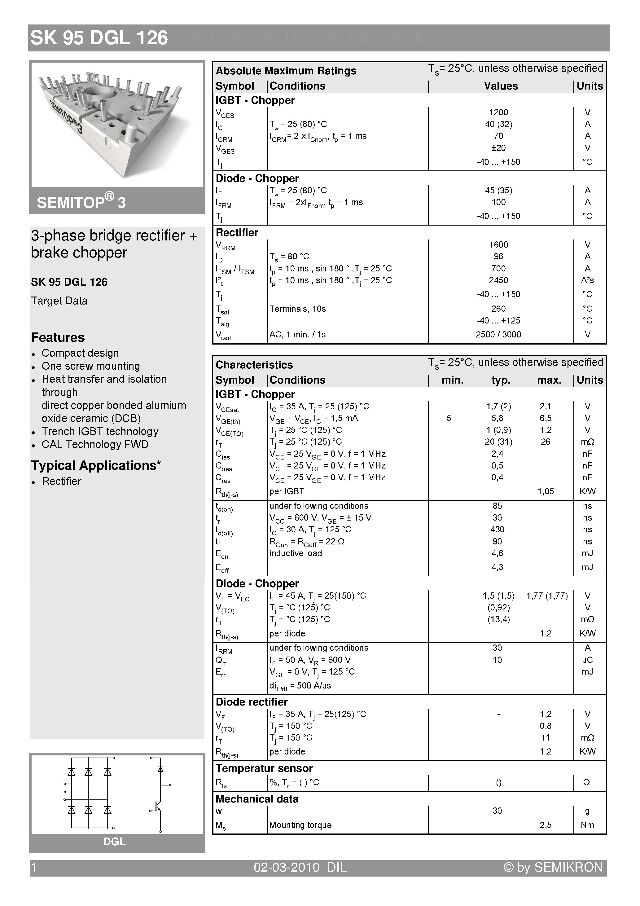Datasheet SK95DGL126 - 3-phase bridge rectifier brake chopper page 1