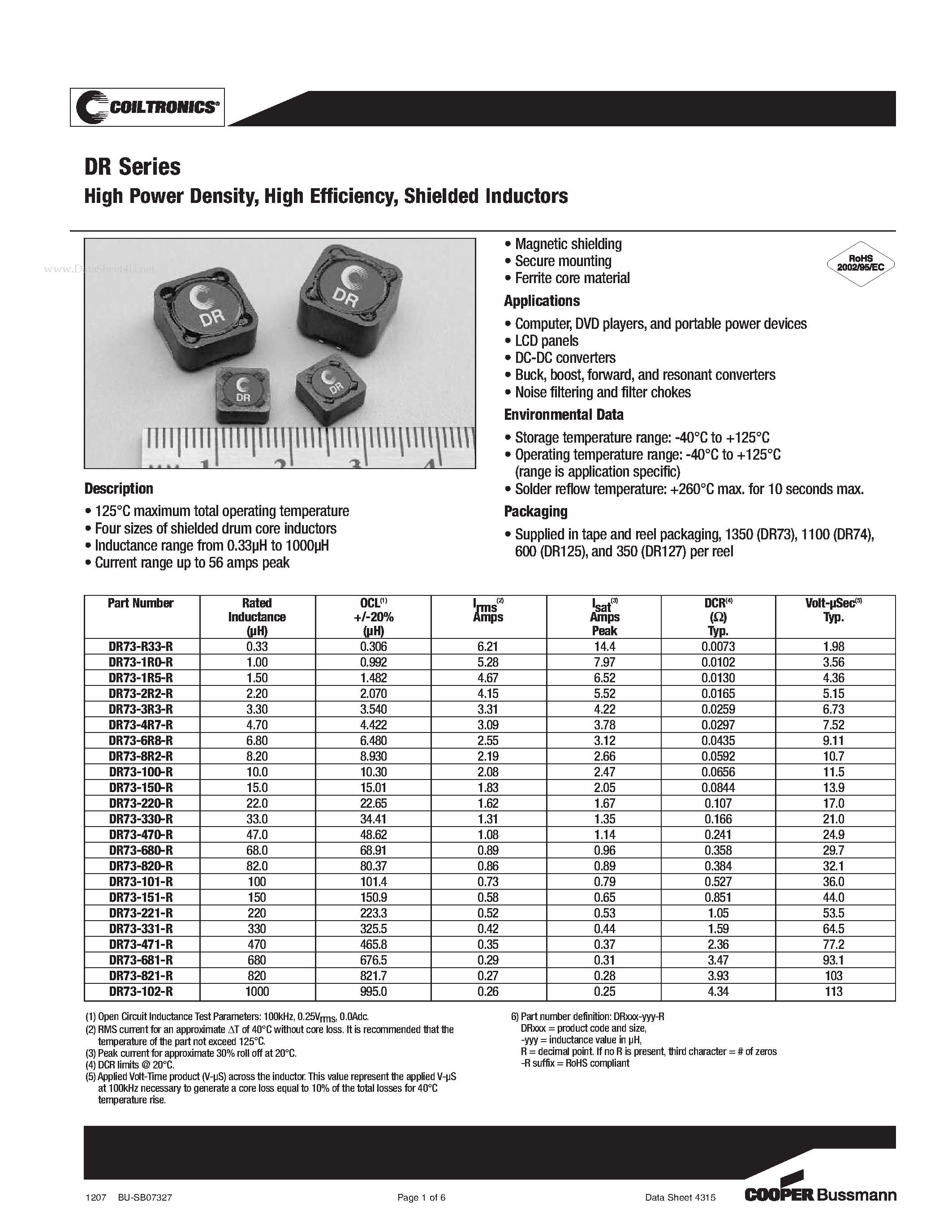 Datasheet DR73-100-R - Shielded Inductors page 1