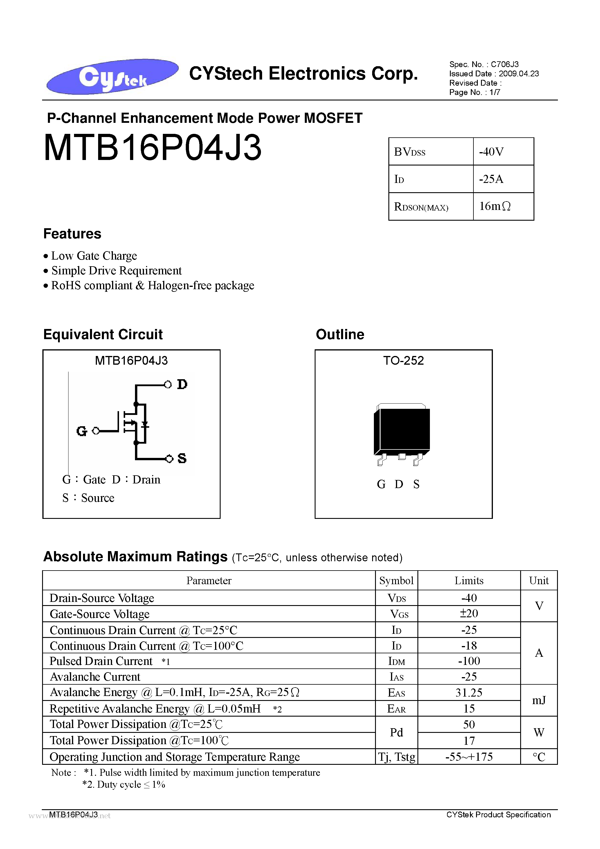 Datasheet MTB16P04J3 - P-Channel Enhancement Mode Power MOSFET page 1
