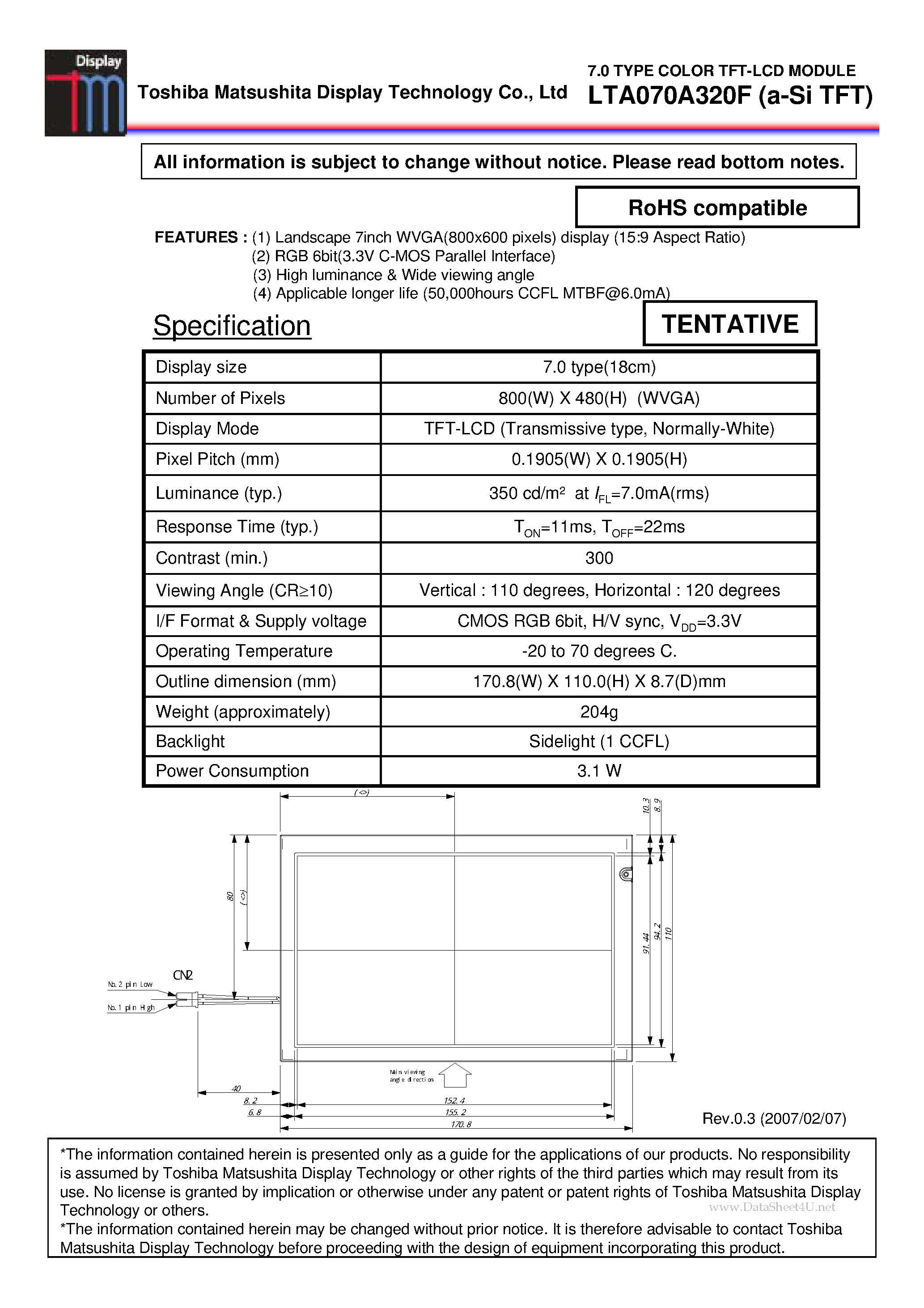 Datasheet LTA070A320F - LCD Module page 1