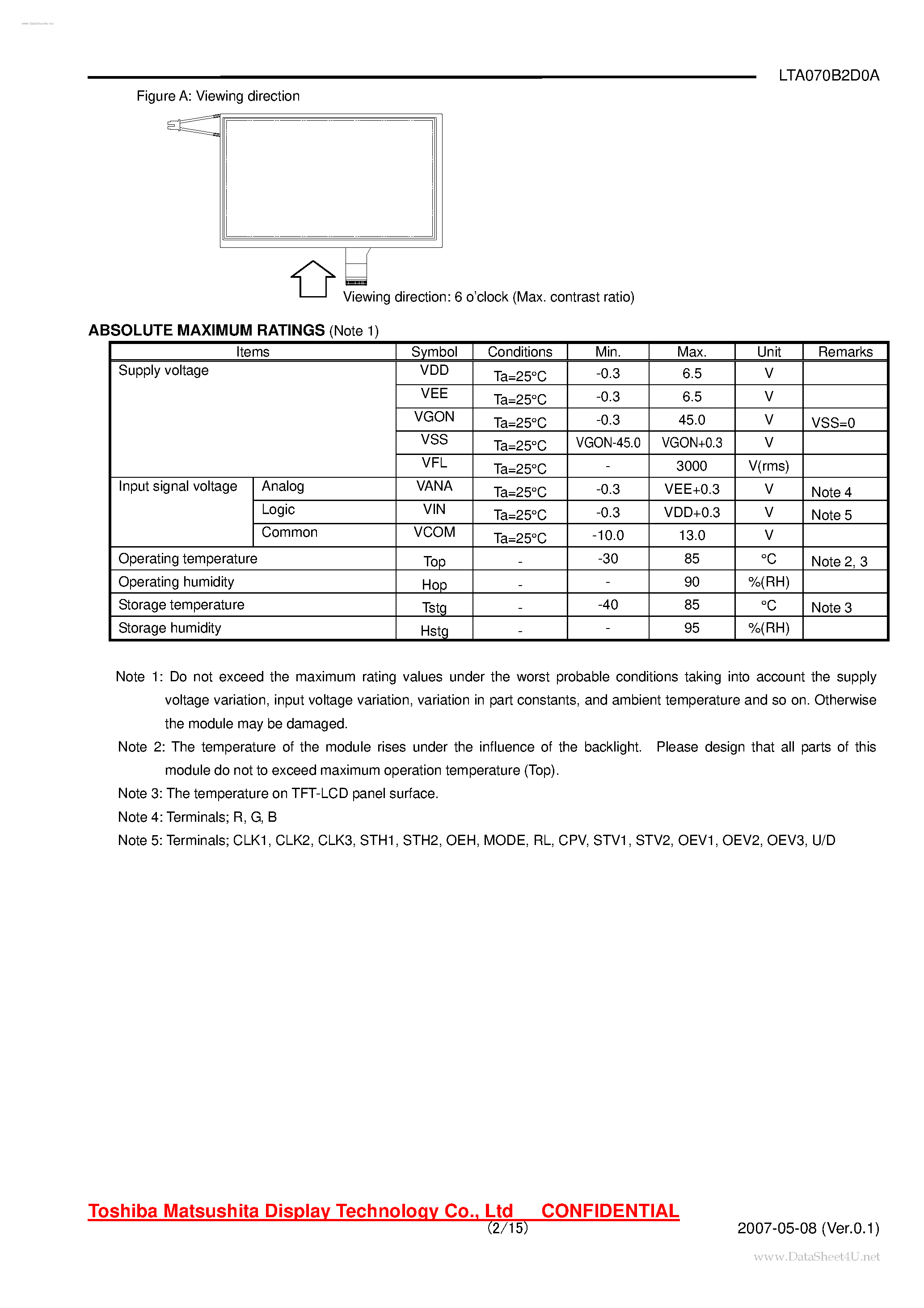 Datasheet LTA070B2D0A - LCD Module page 2