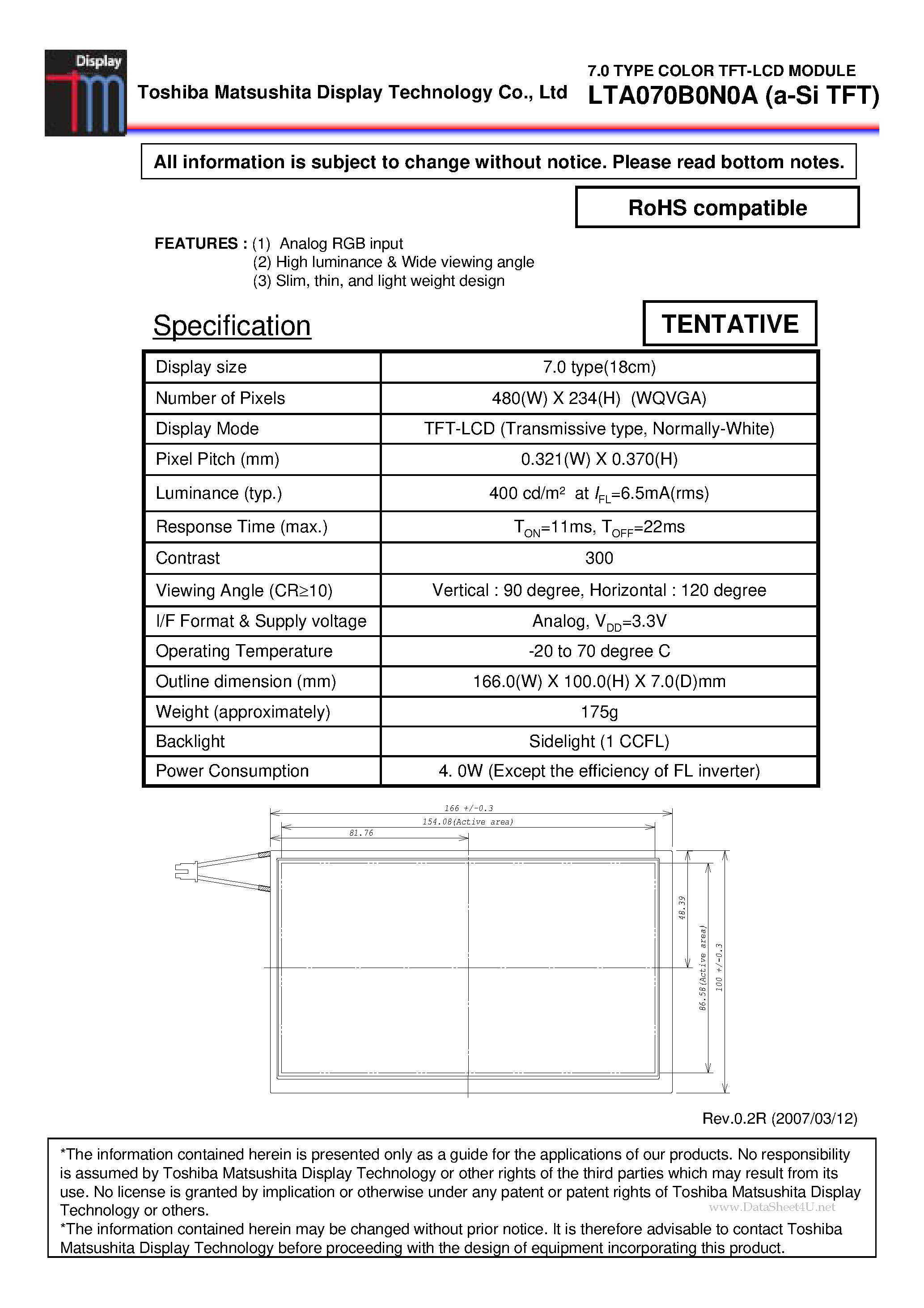 Datasheet LTA070B0N0A - LCD Module page 1