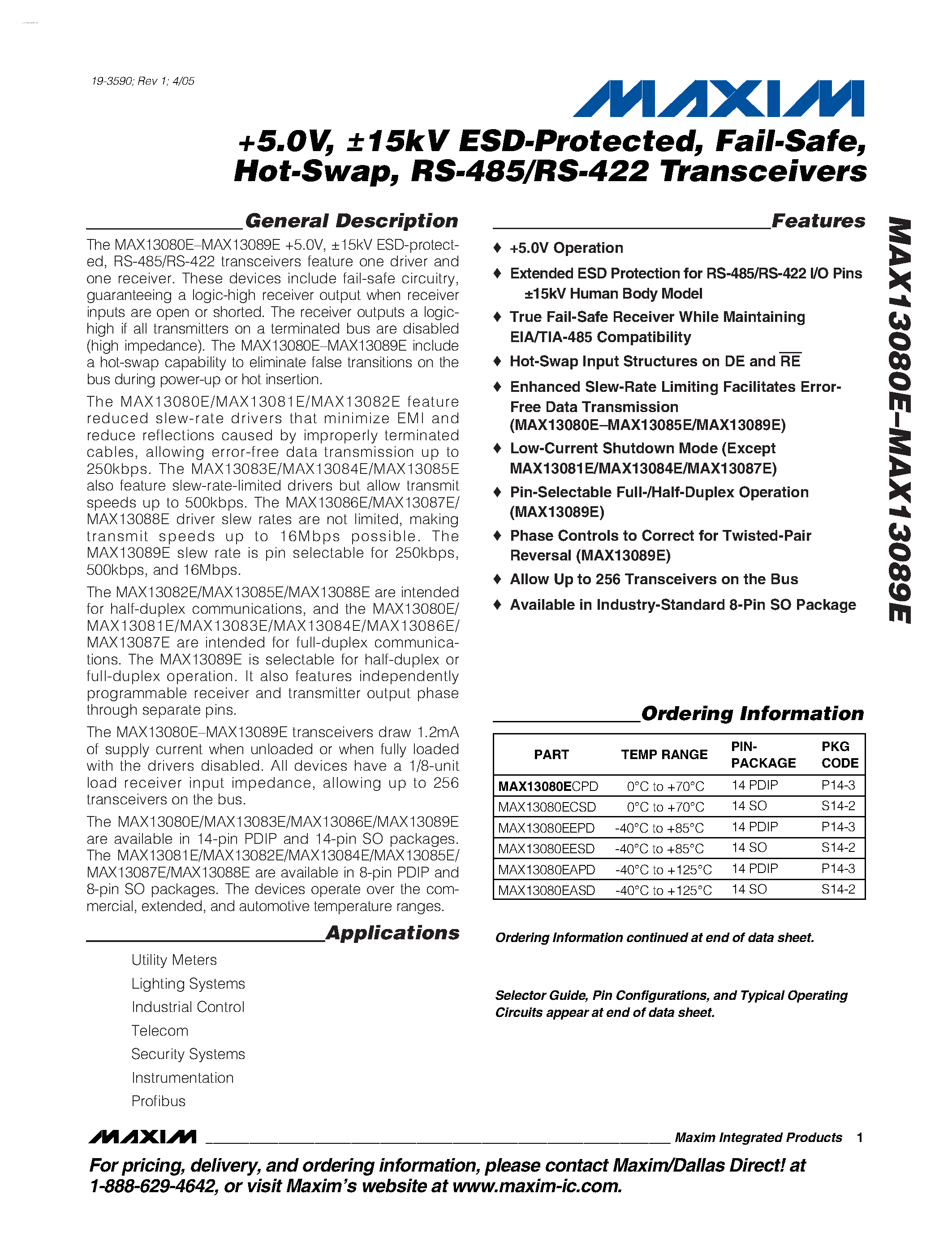 Datasheet MAX13080E - (MAX13080E - MAX13089E) RS-485/RS-422 Transceivers page 1
