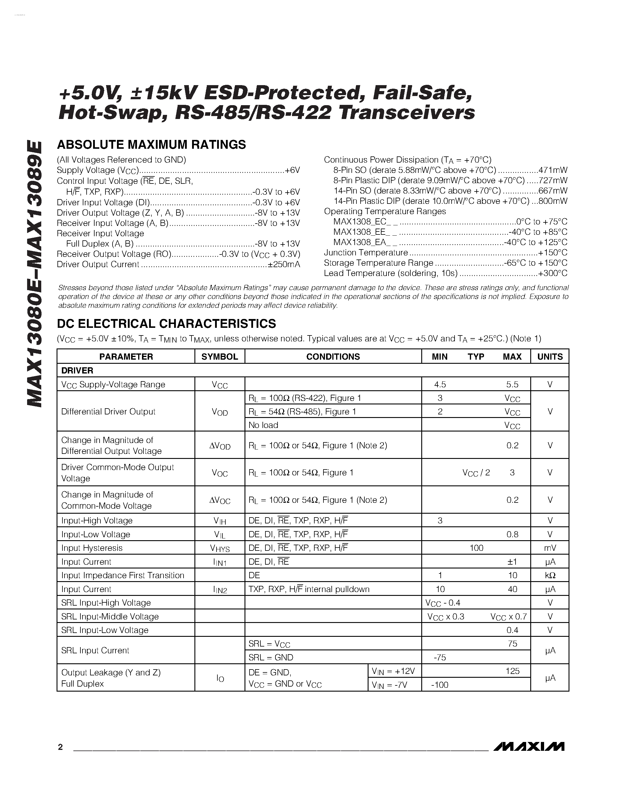 Datasheet MAX13080E - (MAX13080E - MAX13089E) RS-485/RS-422 Transceivers page 2
