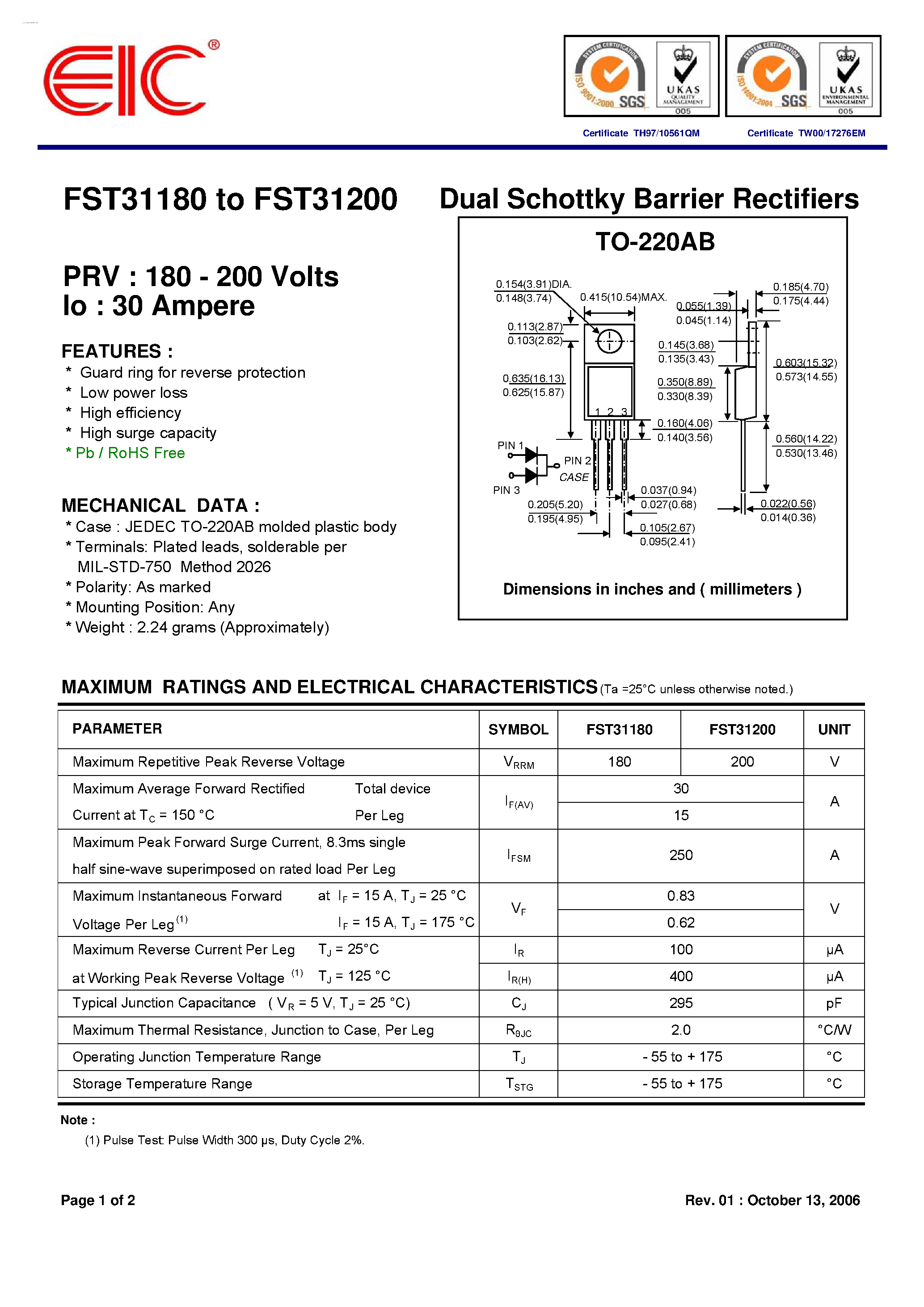 Даташит FST31180 - (FST31180 / FST31200) Dual Schottky Barrier Rectifiers страница 1