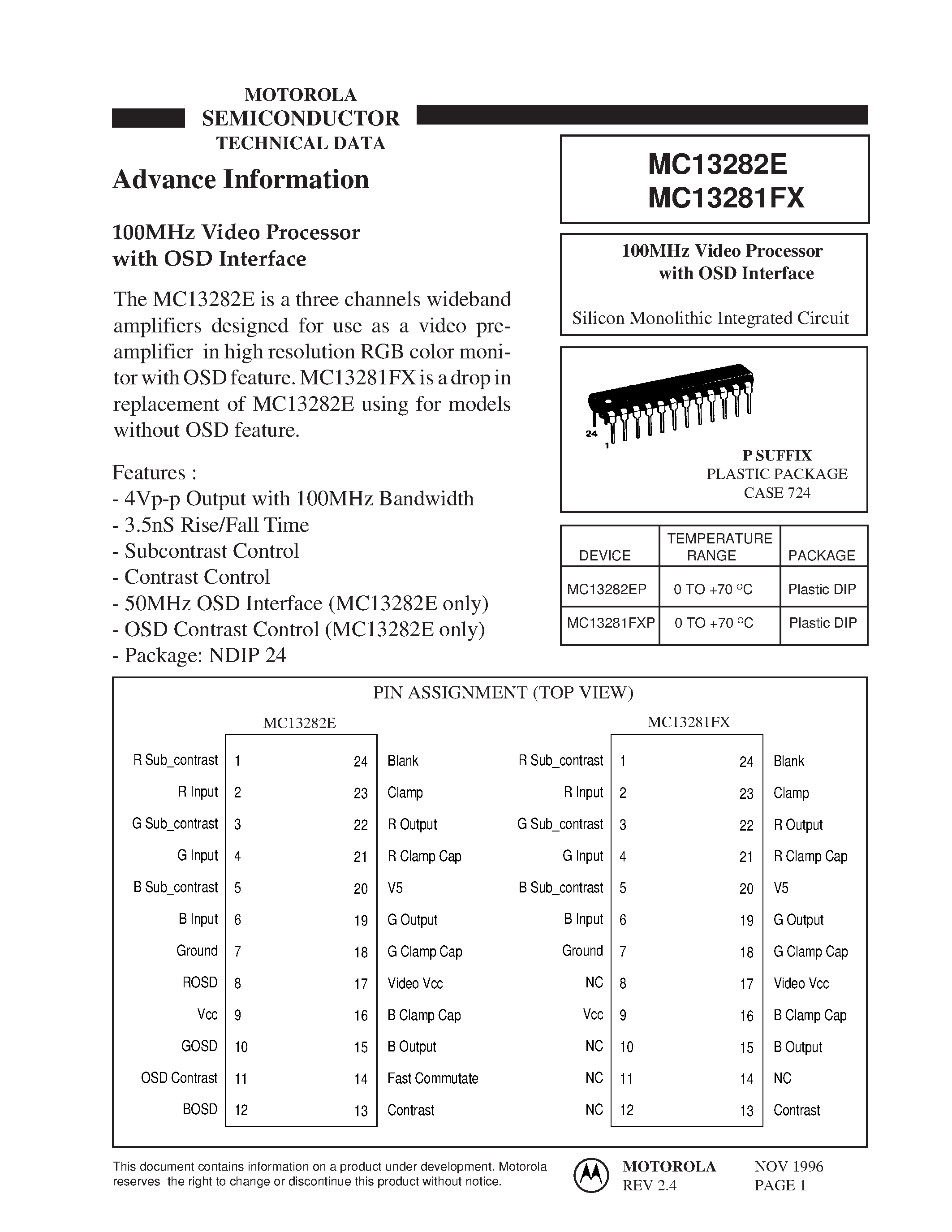 Даташит MC13281FX - (MC13282E / MC13281FX) 100MHz Video Processor страница 1