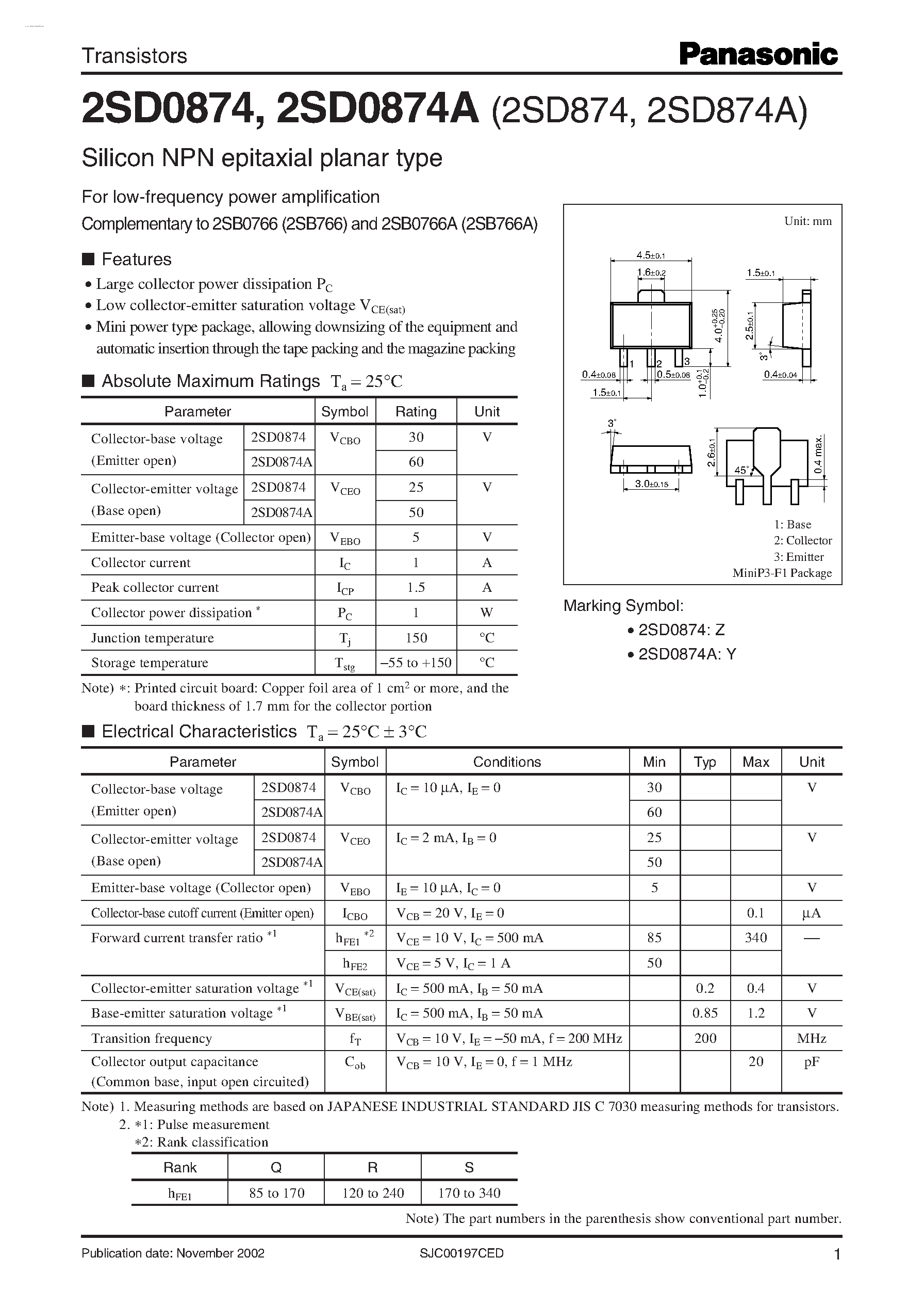 Datasheet 2SD0874 - Silicon NPN epitaxial planar type page 1