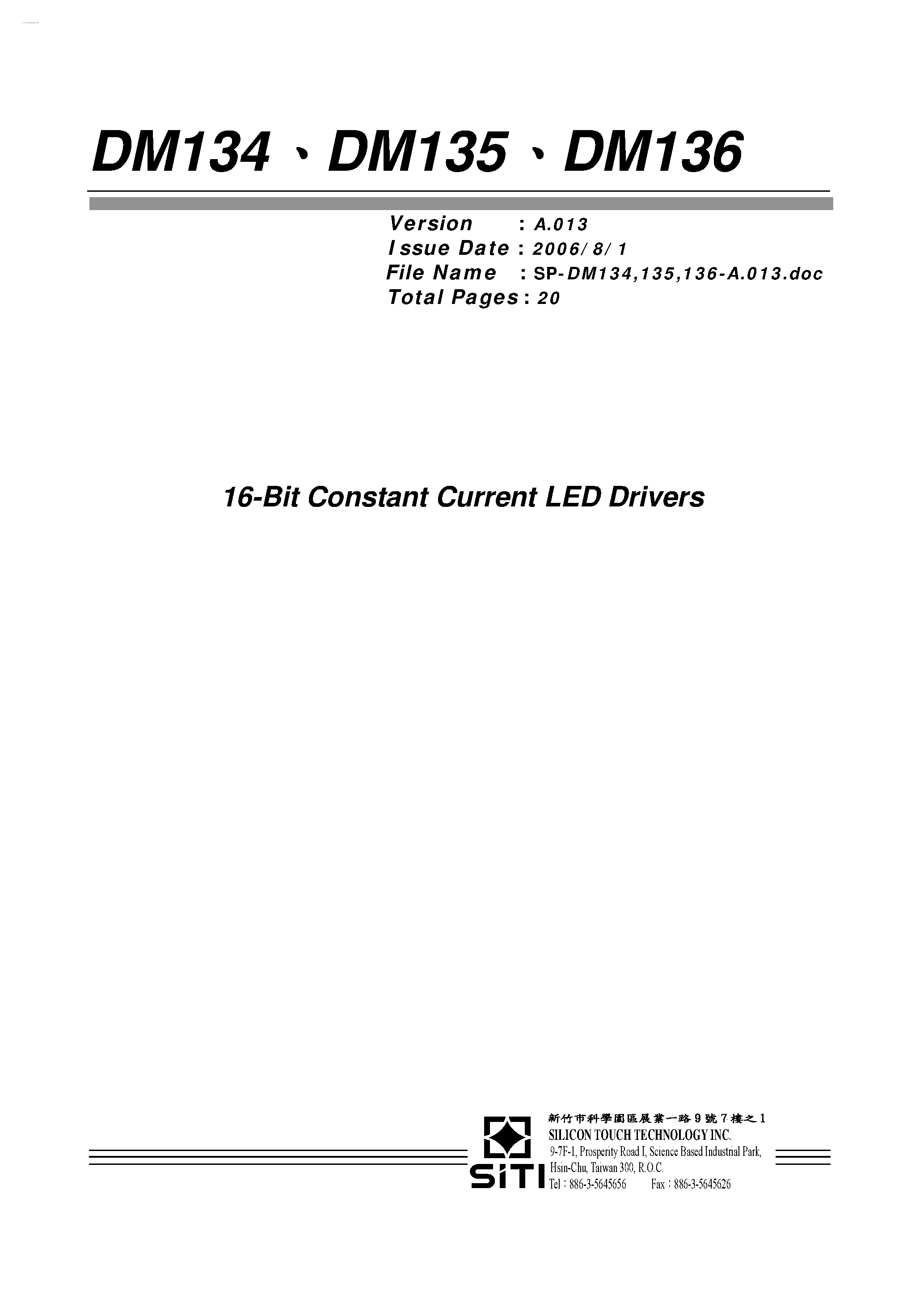 Datasheet DM134 - (DM134 - DM136) 16-Bit Constant Current LED Drivers page 1