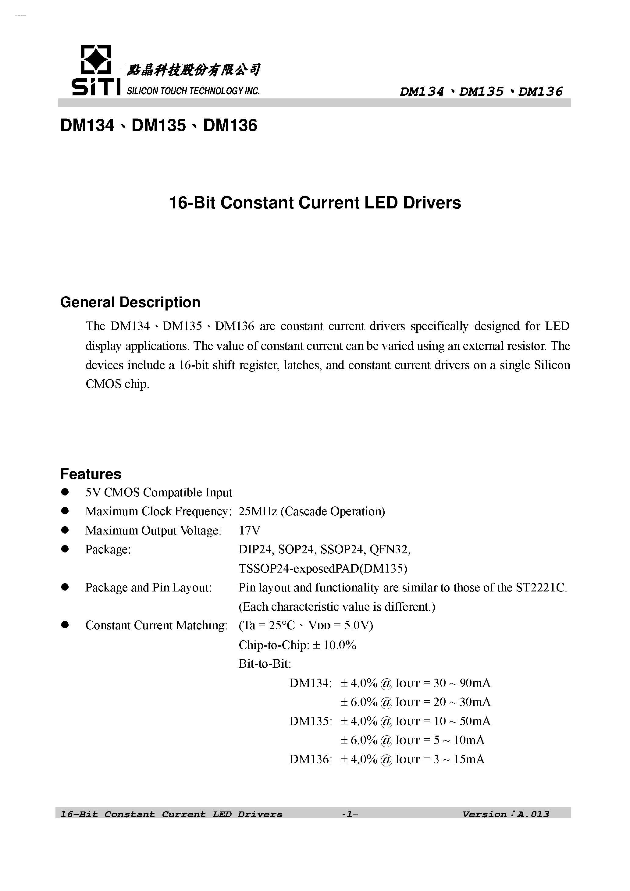Даташит DM134 - (DM134 - DM136) 16-Bit Constant Current LED Drivers страница 2