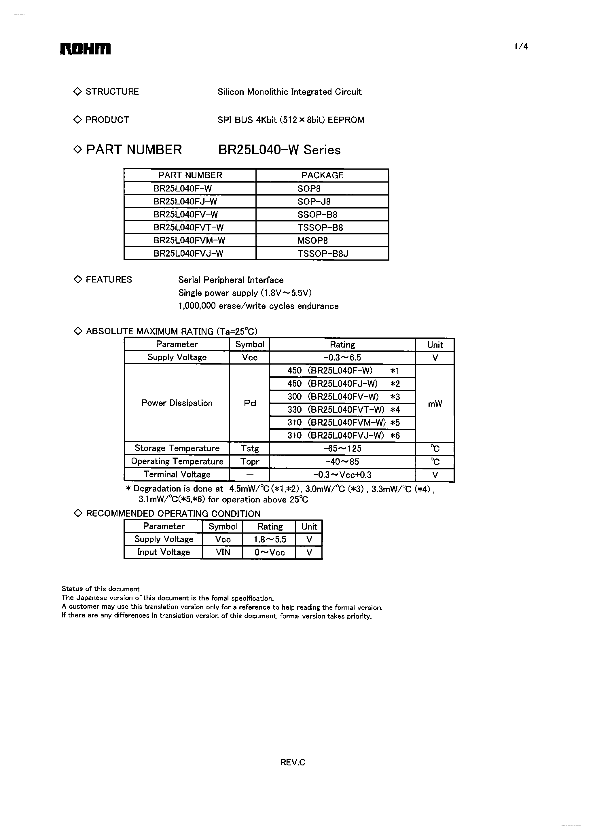Datasheet BR25L040-W - SPI BUS 4Kbit (512 x 8bit) EEPROM page 1